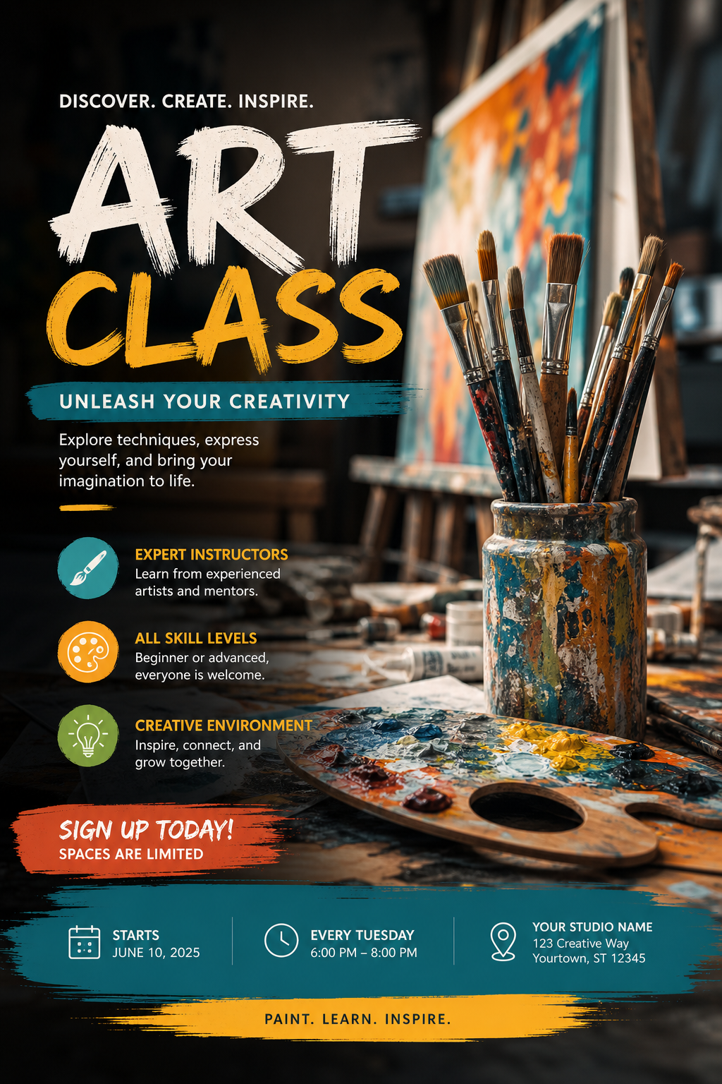 Art Flyer — photo-realistic style flyer, featuring paintbrushes, palette, canvas, creative imagery