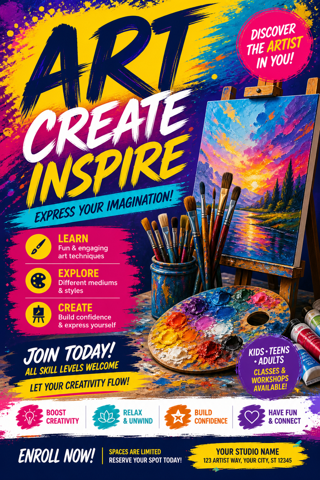 Art Flyer — vibrant style flyer, featuring paintbrushes, palette, canvas, creative imagery