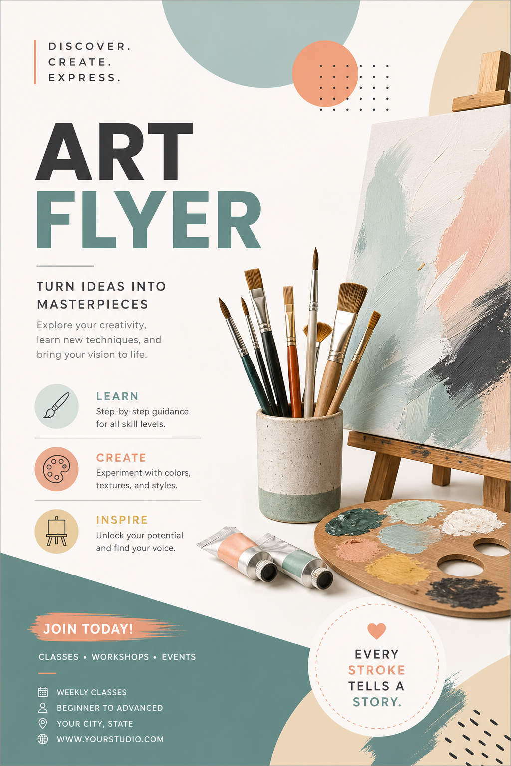 Art Flyer — modern style flyer, featuring paintbrushes, palette, canvas, creative imagery