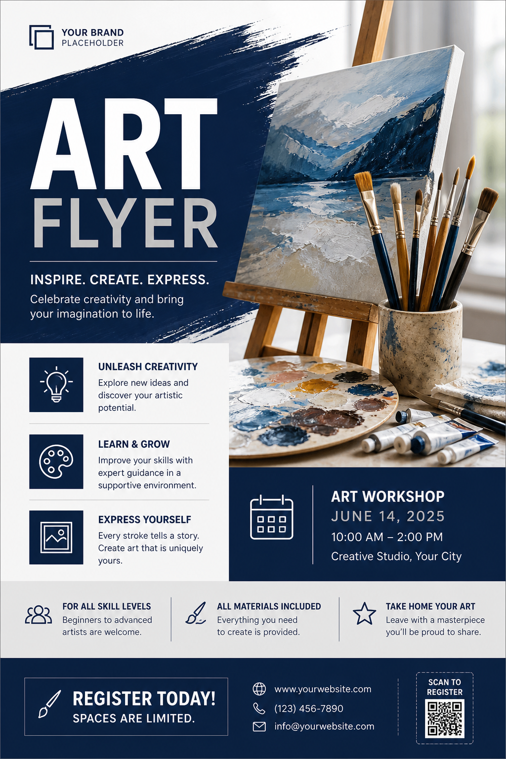 Art Flyer — corporate style flyer, featuring paintbrushes, palette, canvas, creative imagery