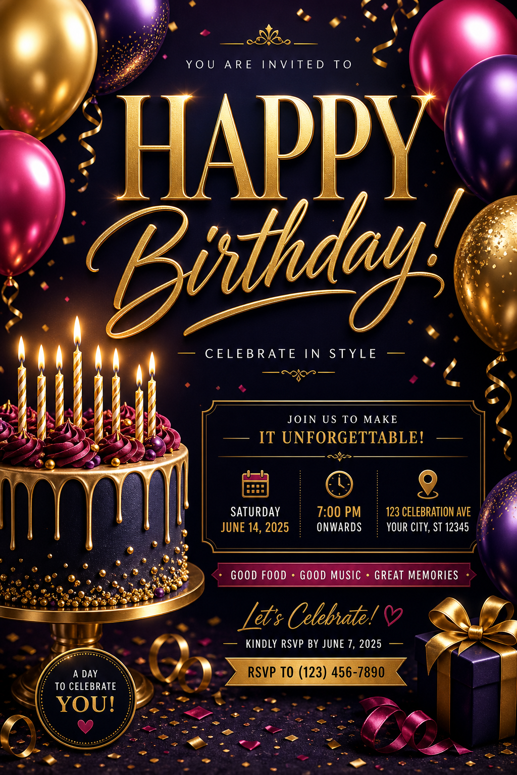 Birthday Flyer — elegant style flyer, featuring balloons, birthday cake, candles, confetti, festive bright colors