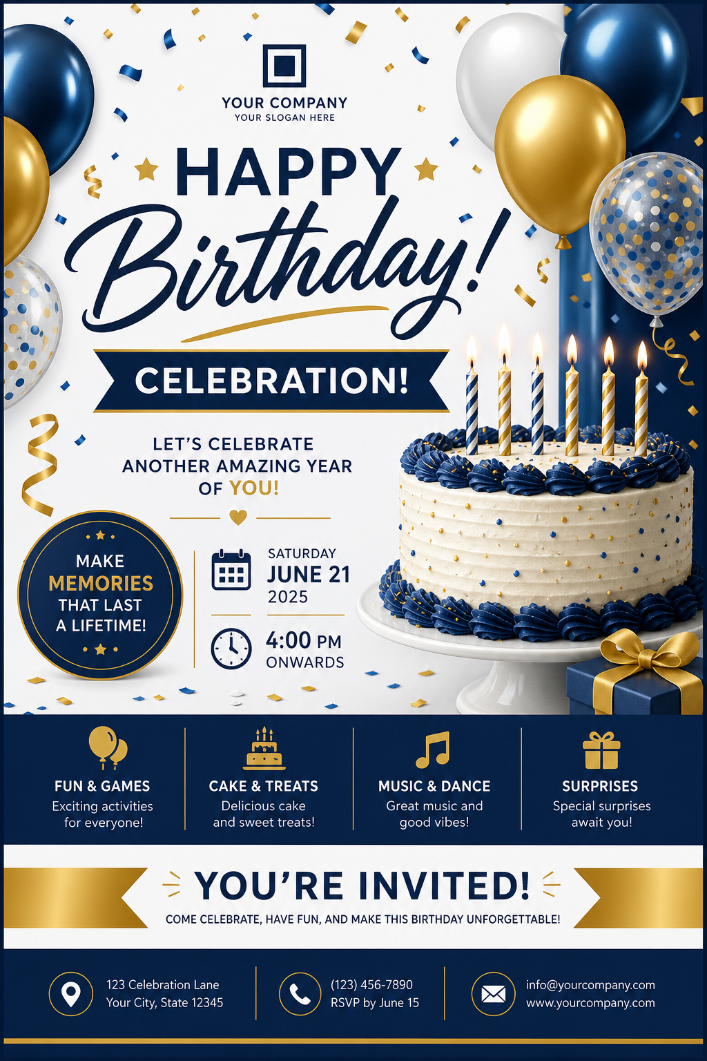 Birthday Flyer — corporate style flyer, featuring balloons, birthday cake, candles, confetti, festive bright colors