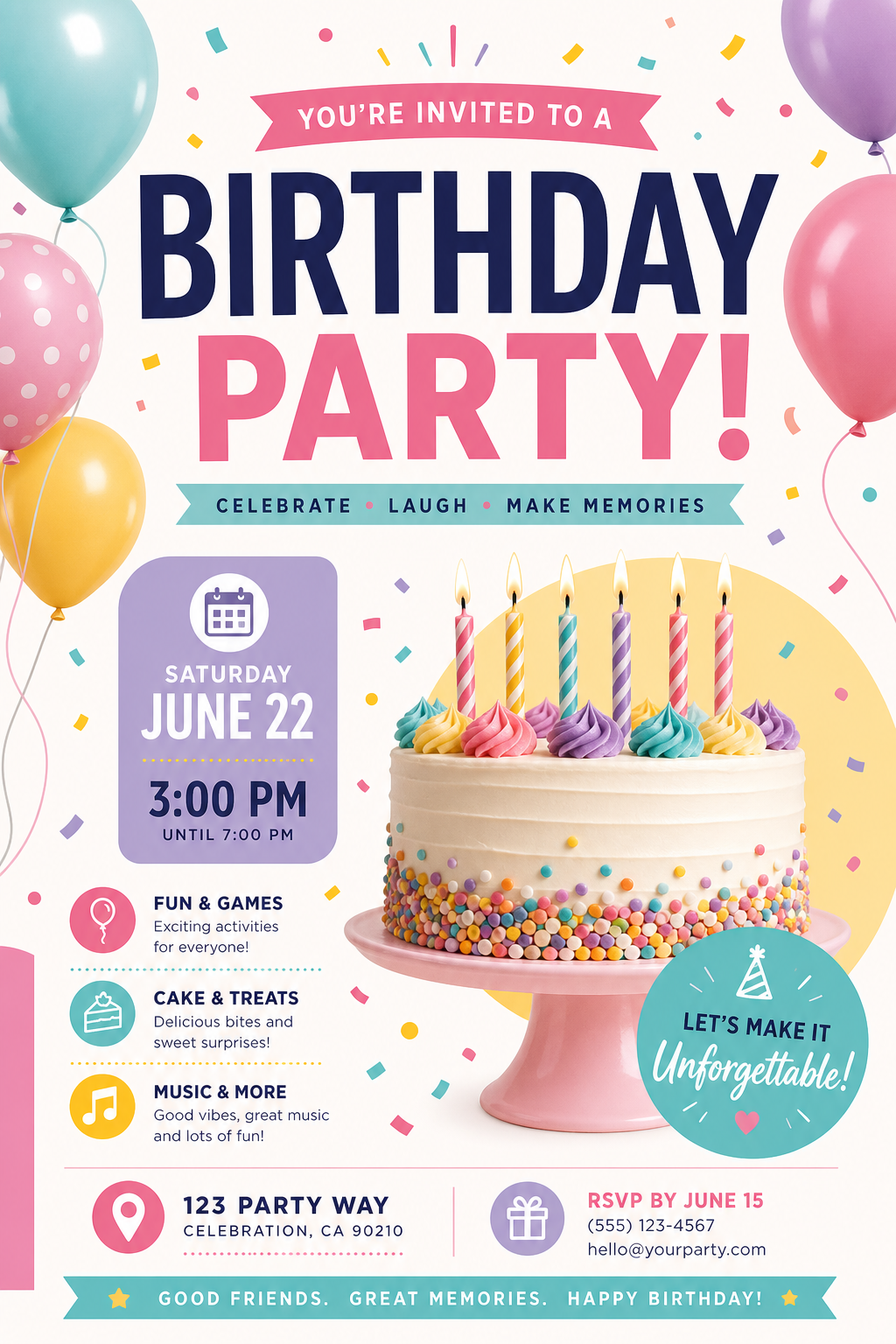 Birthday Flyer — modern style flyer, featuring balloons, birthday cake, candles, confetti, festive bright colors