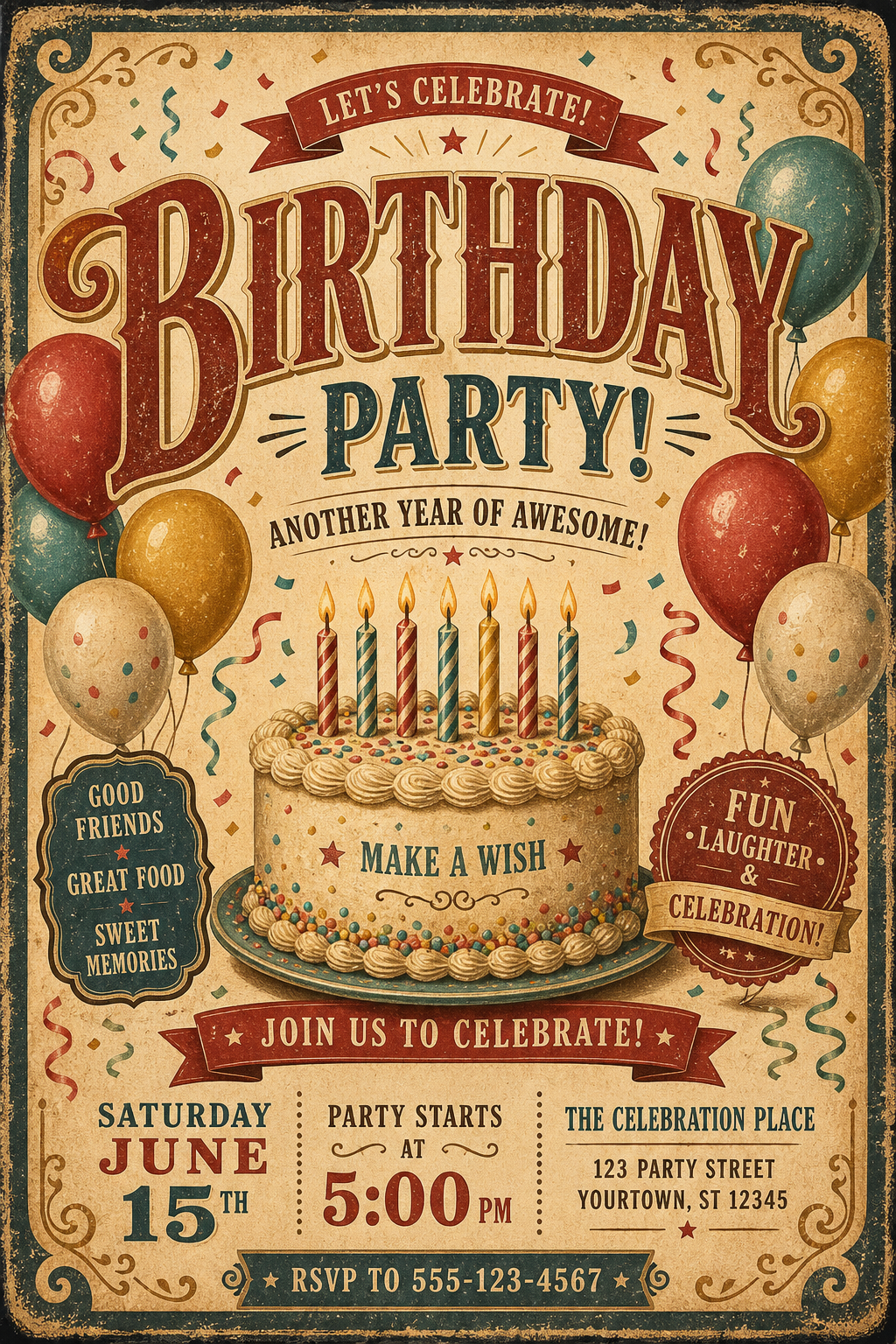 Birthday Flyer — vintage style flyer, featuring balloons, birthday cake, candles, confetti, festive bright colors