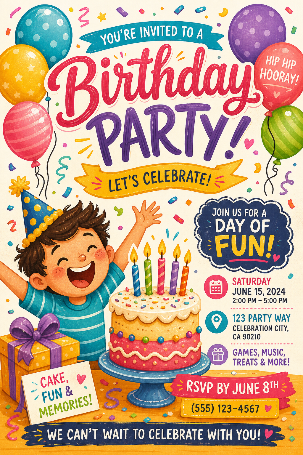 Birthday Flyer — illustration style flyer, featuring balloons, birthday cake, candles, confetti, festive bright colors