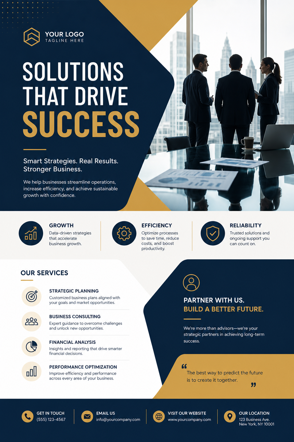 Business Flyer — modern style flyer, featuring professional office imagery, suit silhouettes, navy and gold palette
