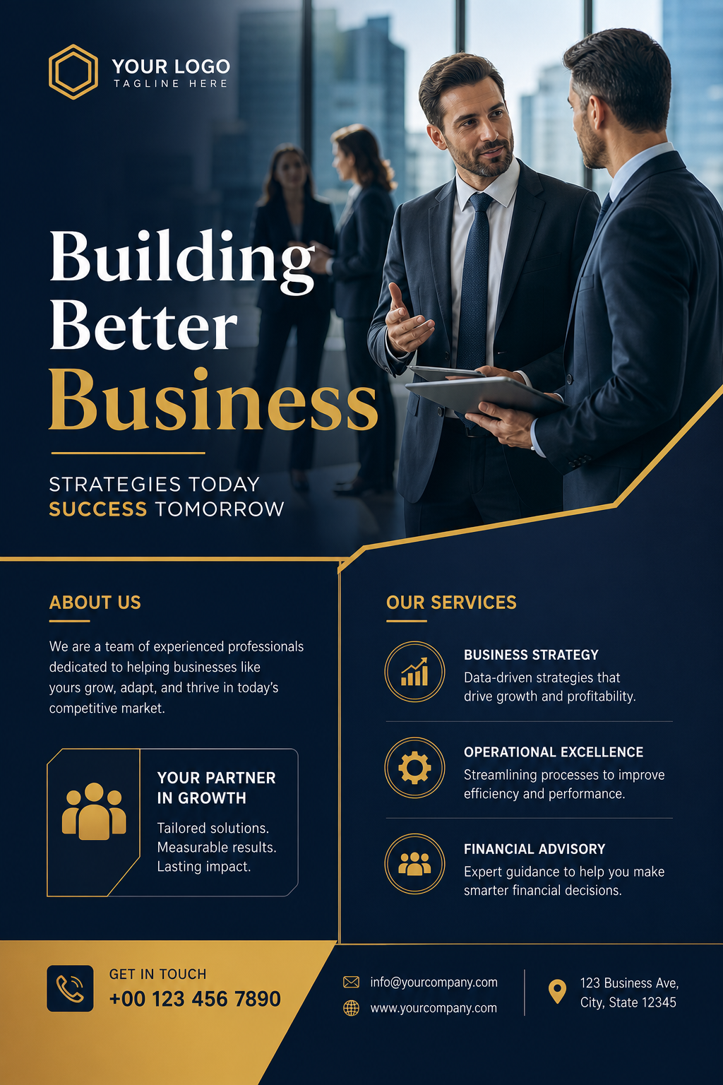 Business Flyer — photo-realistic style flyer, featuring professional office imagery, suit silhouettes, navy and gold palette