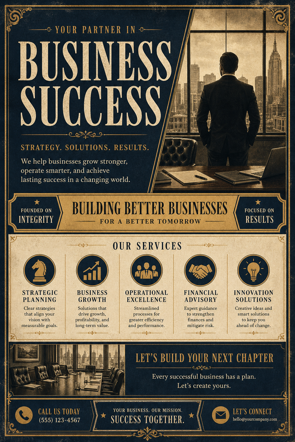 Business Flyer — vintage style flyer, featuring professional office imagery, suit silhouettes, navy and gold palette
