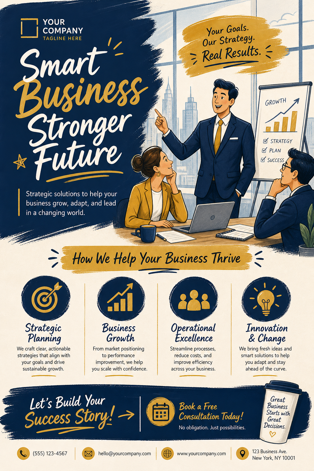 Business Flyer — illustration style flyer, featuring professional office imagery, suit silhouettes, navy and gold palette