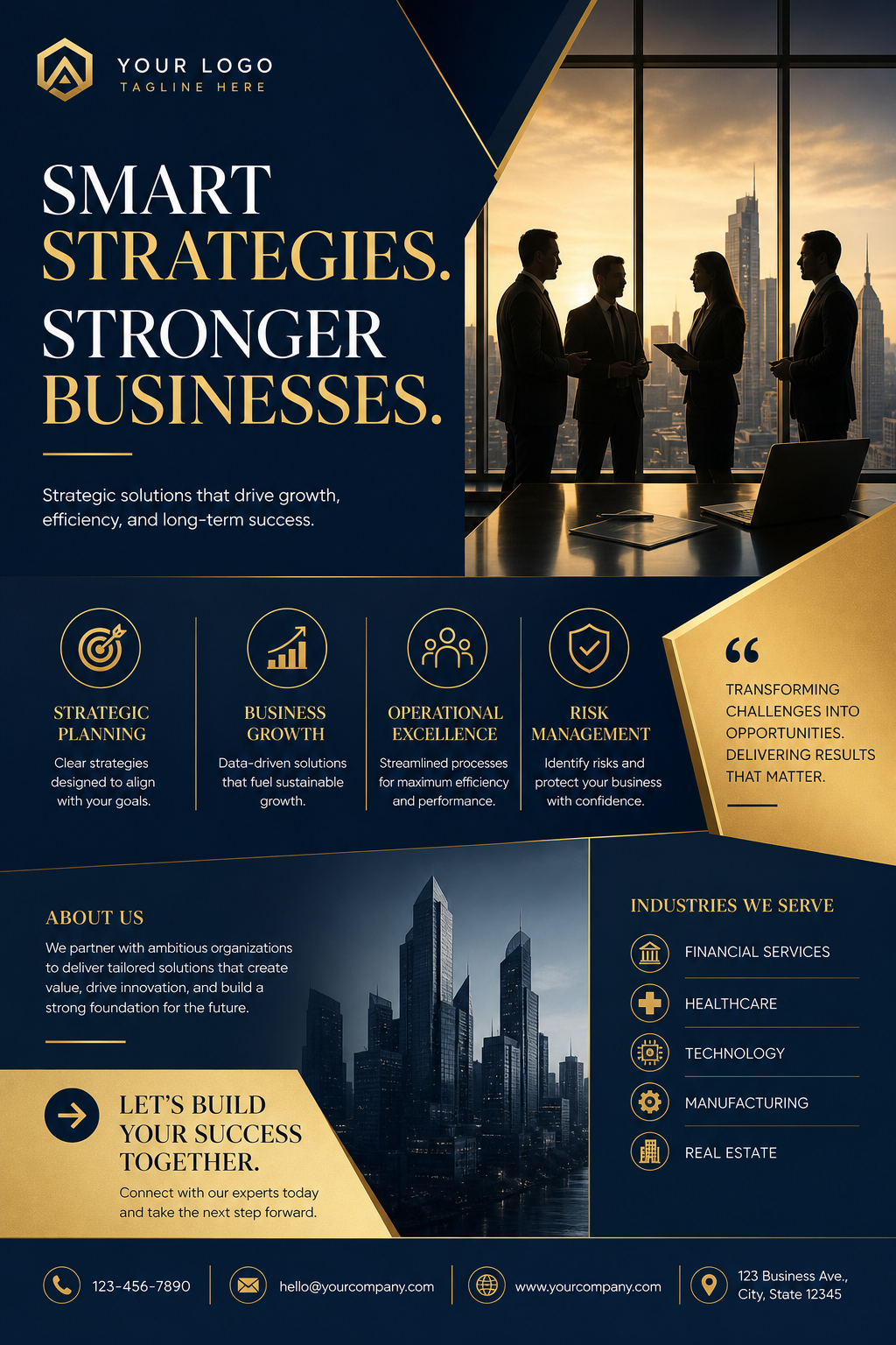 Business Flyer — elegant style flyer, featuring professional office imagery, suit silhouettes, navy and gold palette