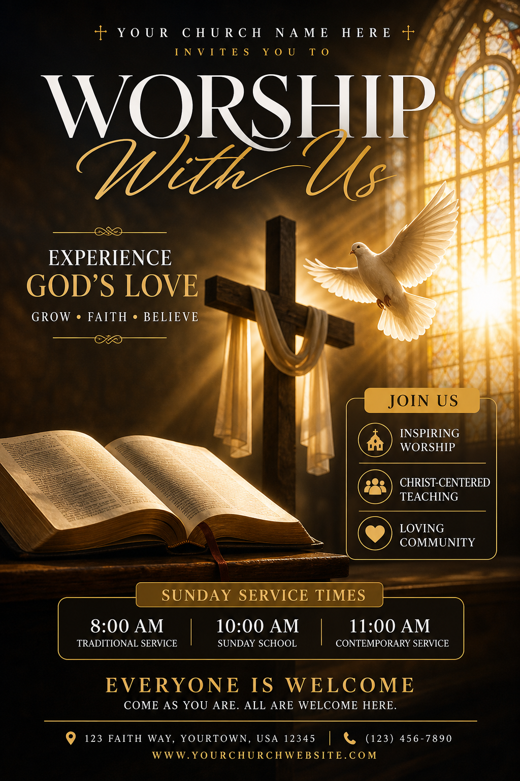 Church Flyer — photo-realistic style flyer, featuring cross, stained glass, dove, warm divine palette
