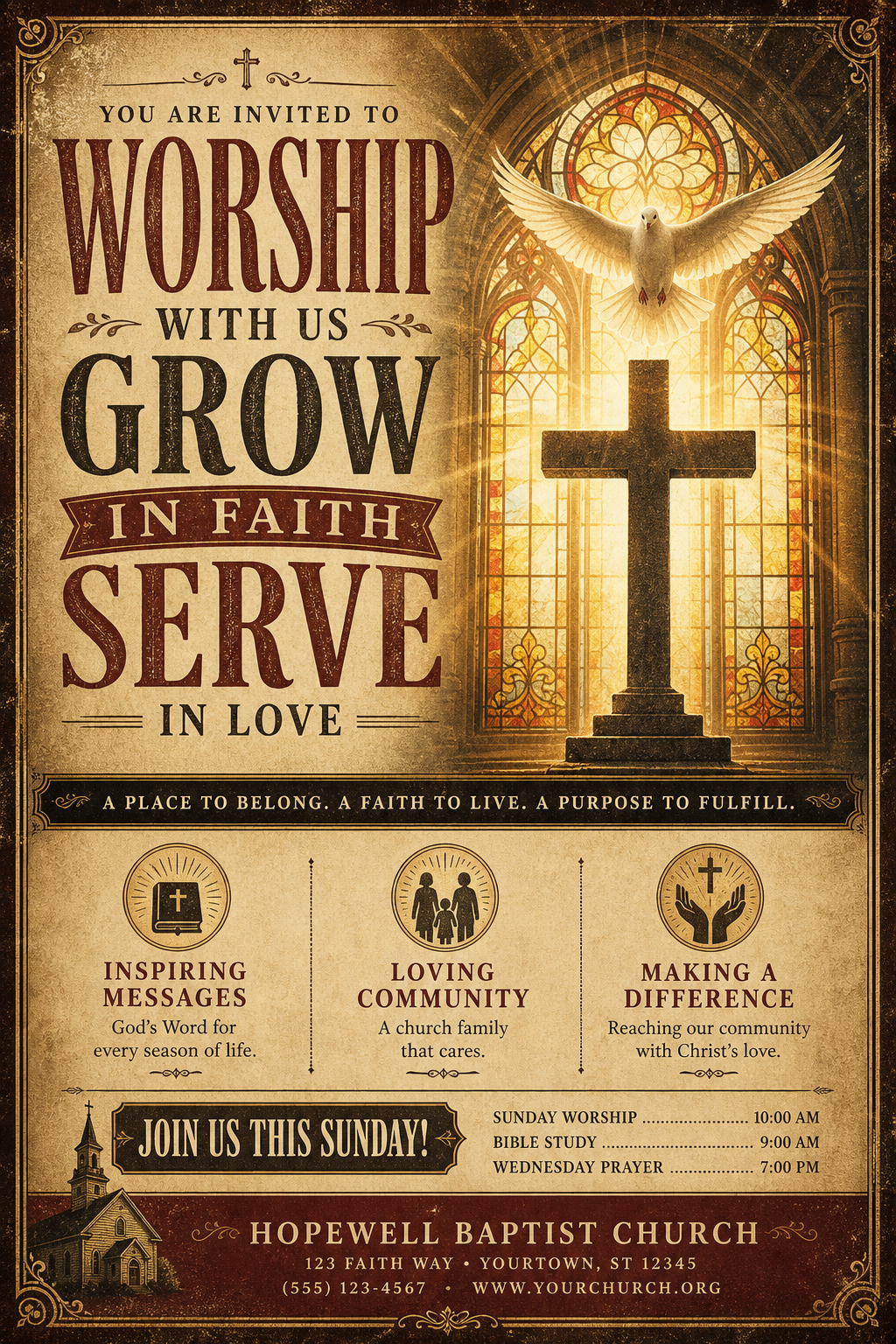 Church Flyer — vintage style flyer, featuring cross, stained glass, dove, warm divine palette