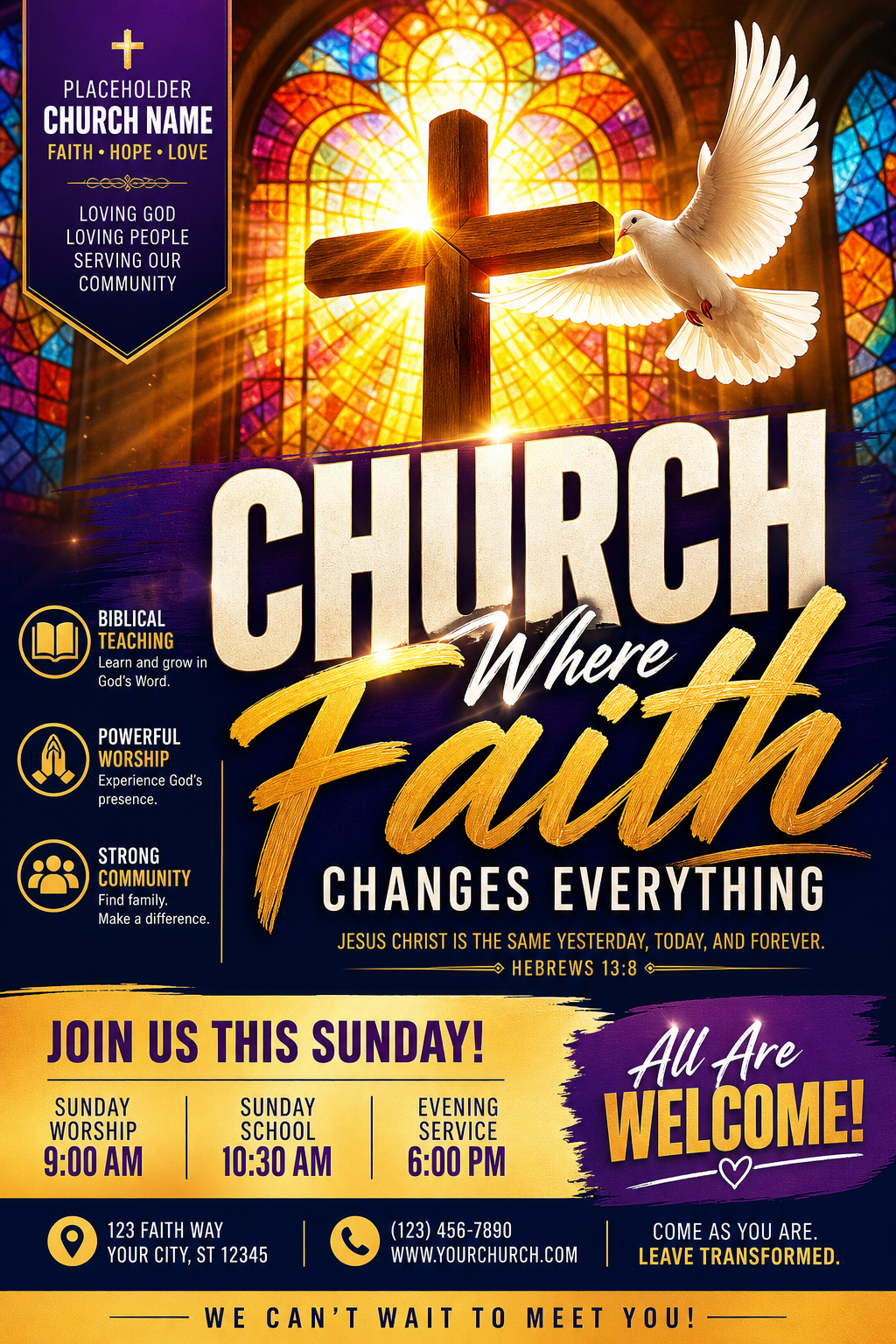 Church Flyer — vibrant style flyer, featuring cross, stained glass, dove, warm divine palette