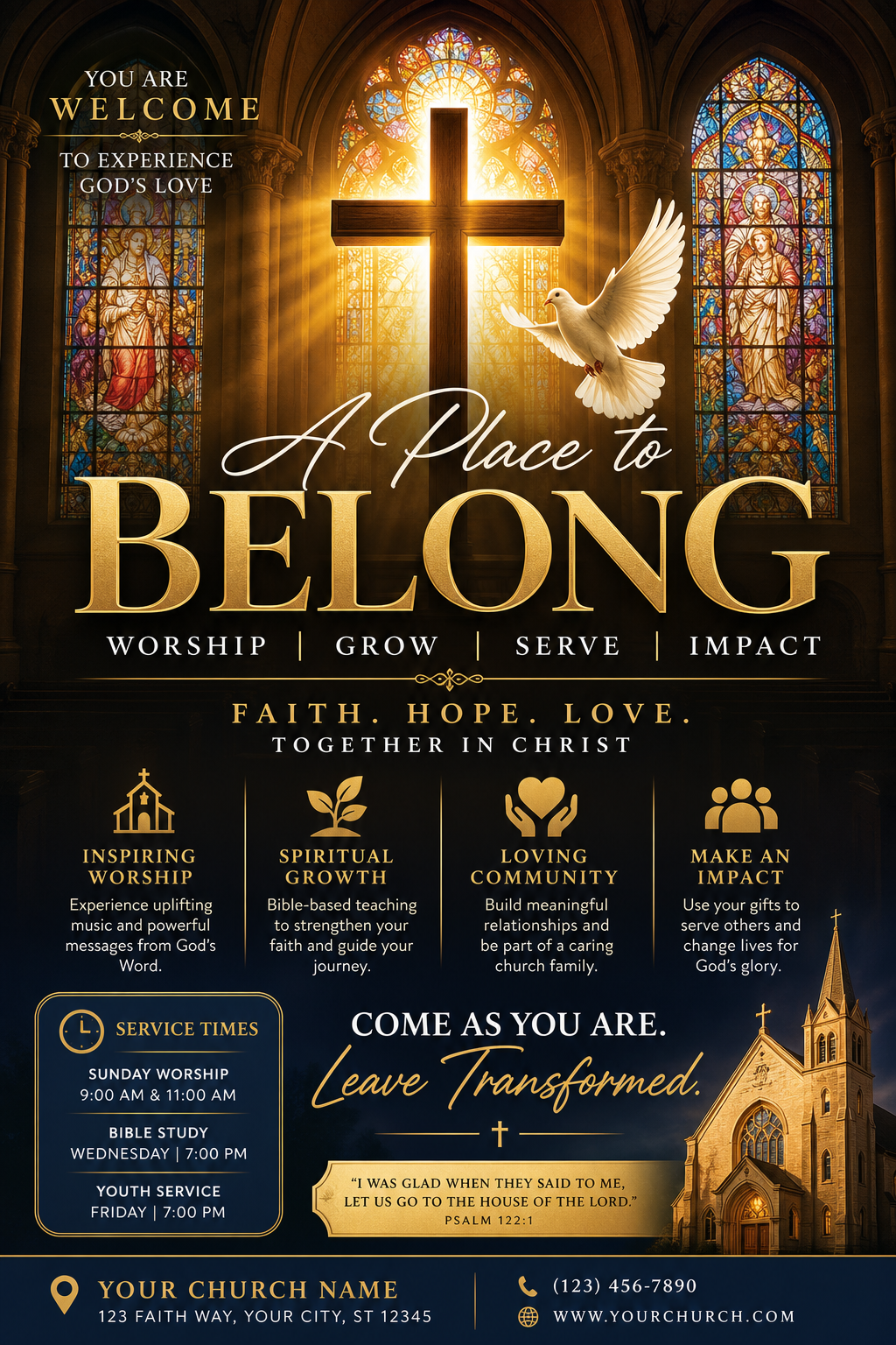 Church Flyer — elegant style flyer, featuring cross, stained glass, dove, warm divine palette