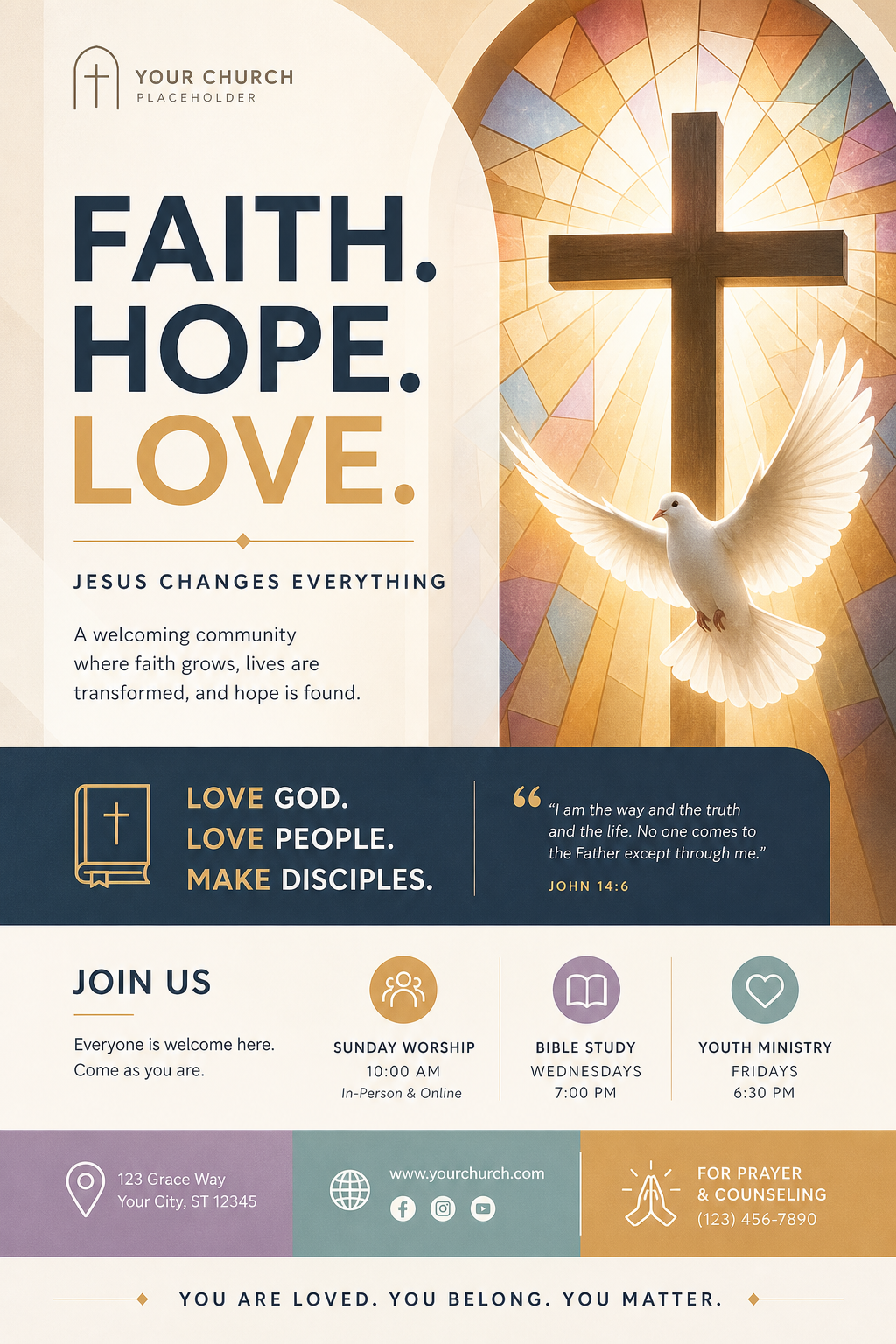 Church Flyer — modern style flyer, featuring cross, stained glass, dove, warm divine palette