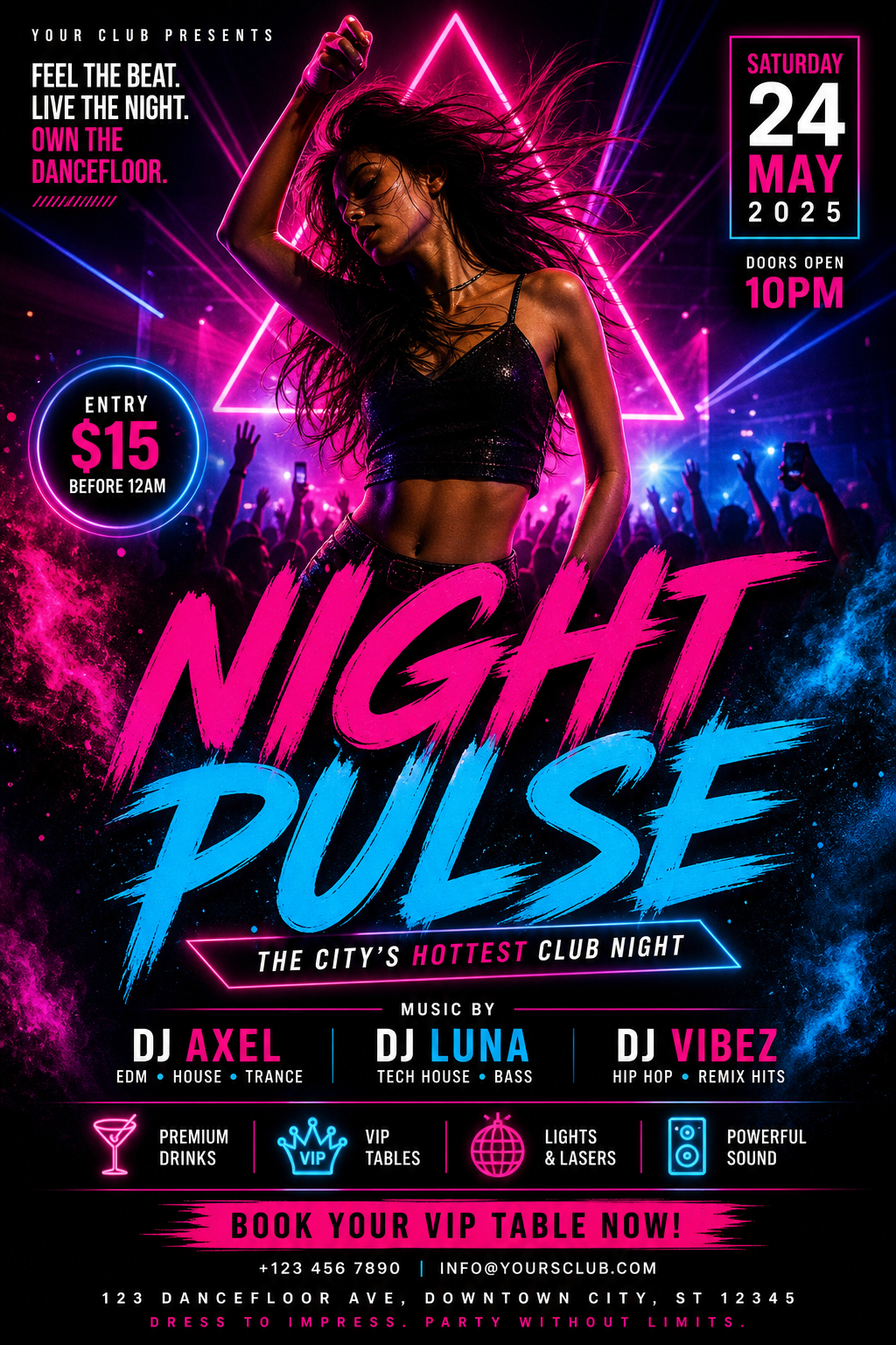 Club Flyer — vibrant style flyer, featuring neon lights, dance imagery, dark background with bright accents
