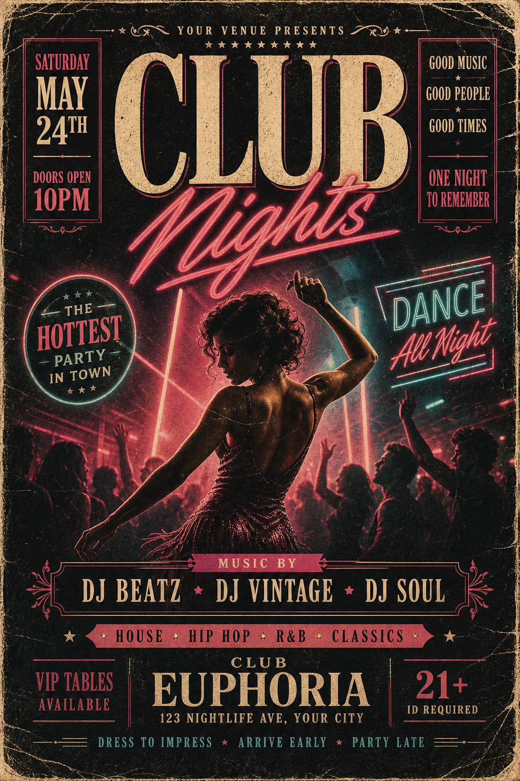 Club Flyer — vintage style flyer, featuring neon lights, dance imagery, dark background with bright accents