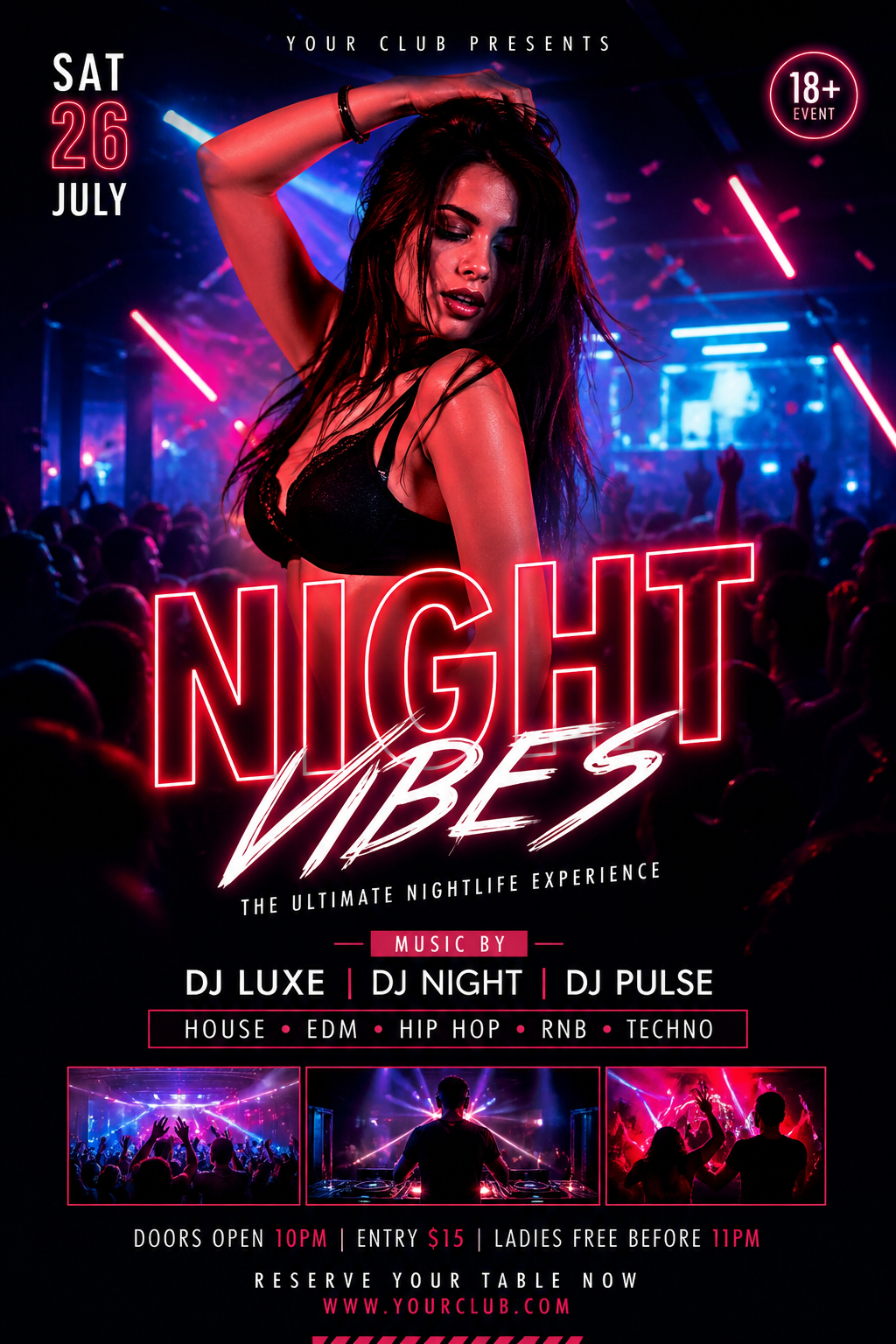 Club Flyer — photo-realistic style flyer, featuring neon lights, dance imagery, dark background with bright accents