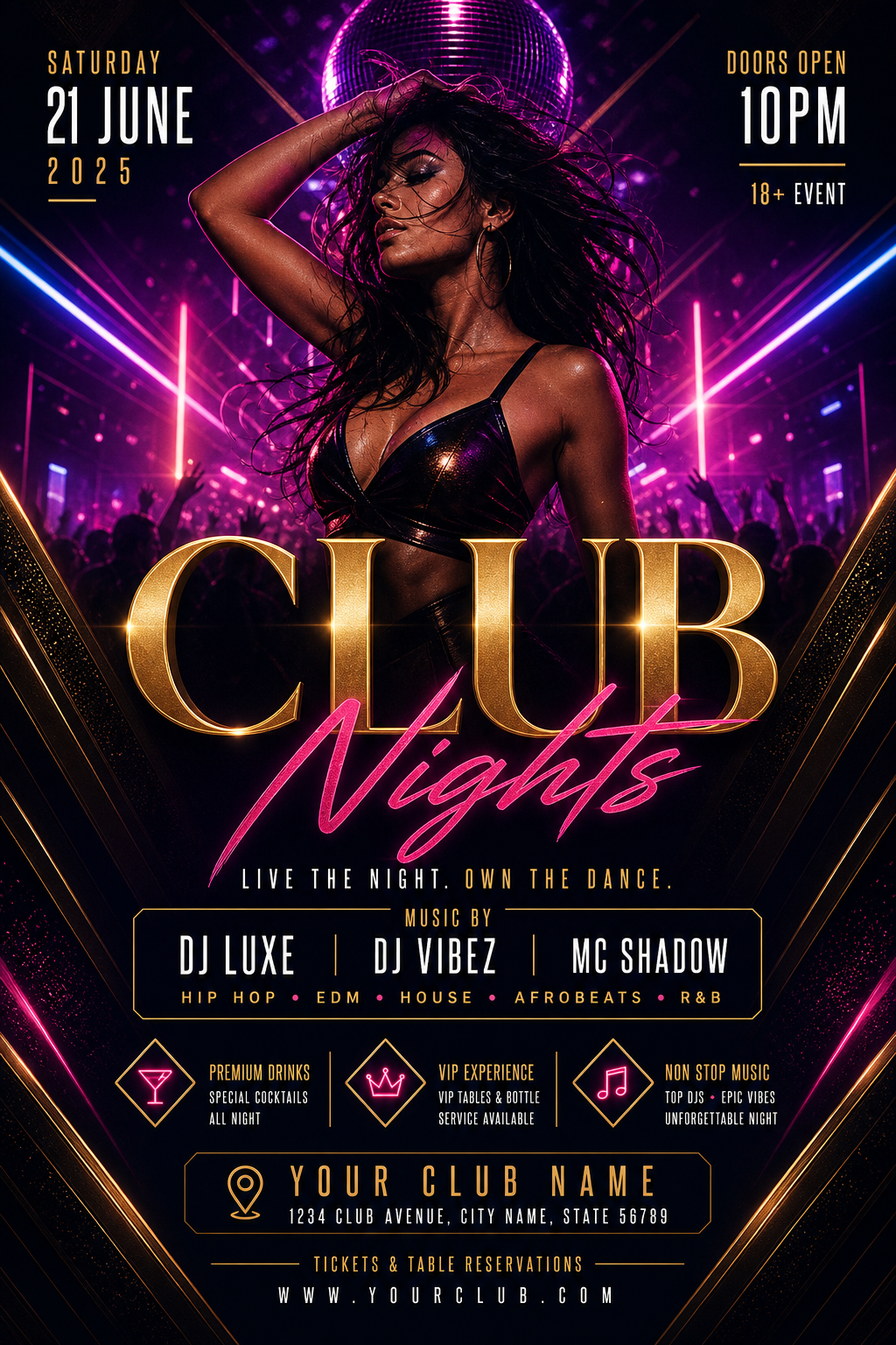 Club Flyer — elegant style flyer, featuring neon lights, dance imagery, dark background with bright accents