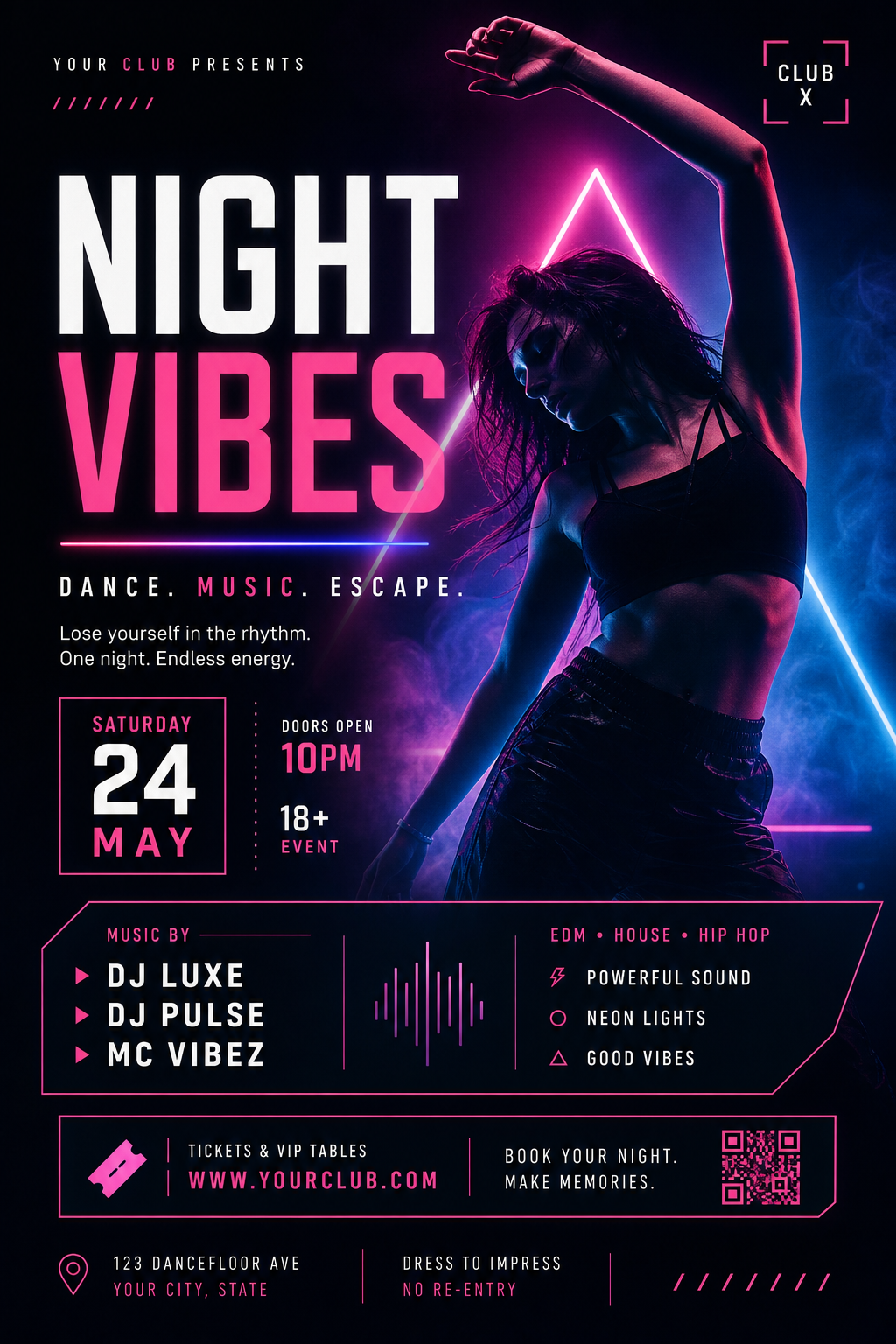 Club Flyer — modern style flyer, featuring neon lights, dance imagery, dark background with bright accents
