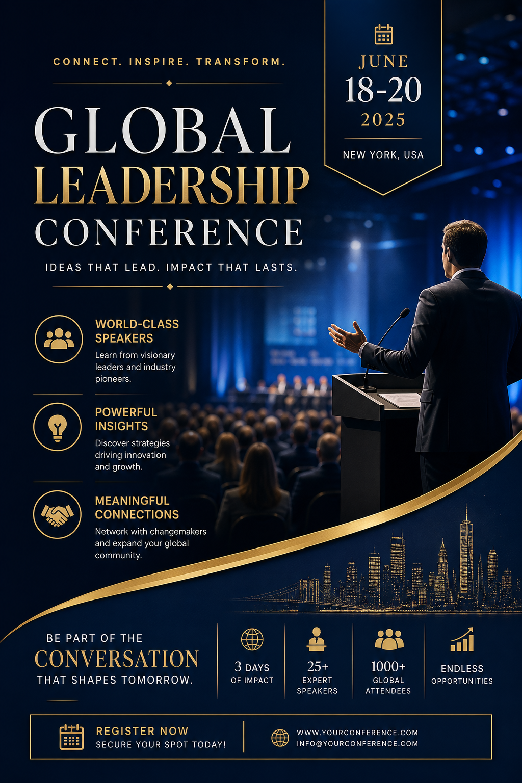 Conference Poster — elegant style flyer, featuring audience silhouettes, podium, professional event imagery
