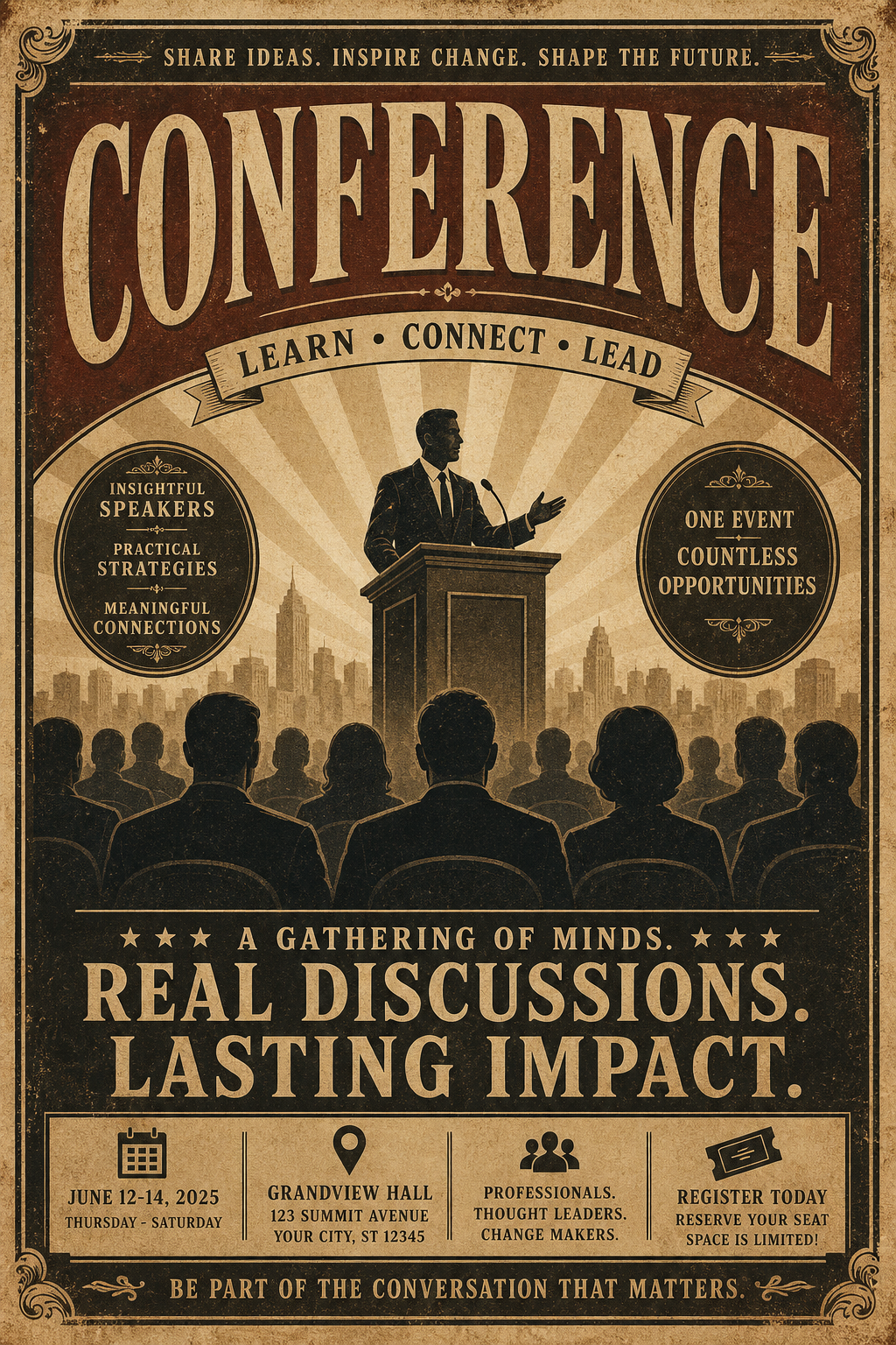 Conference Poster — vintage style flyer, featuring audience silhouettes, podium, professional event imagery