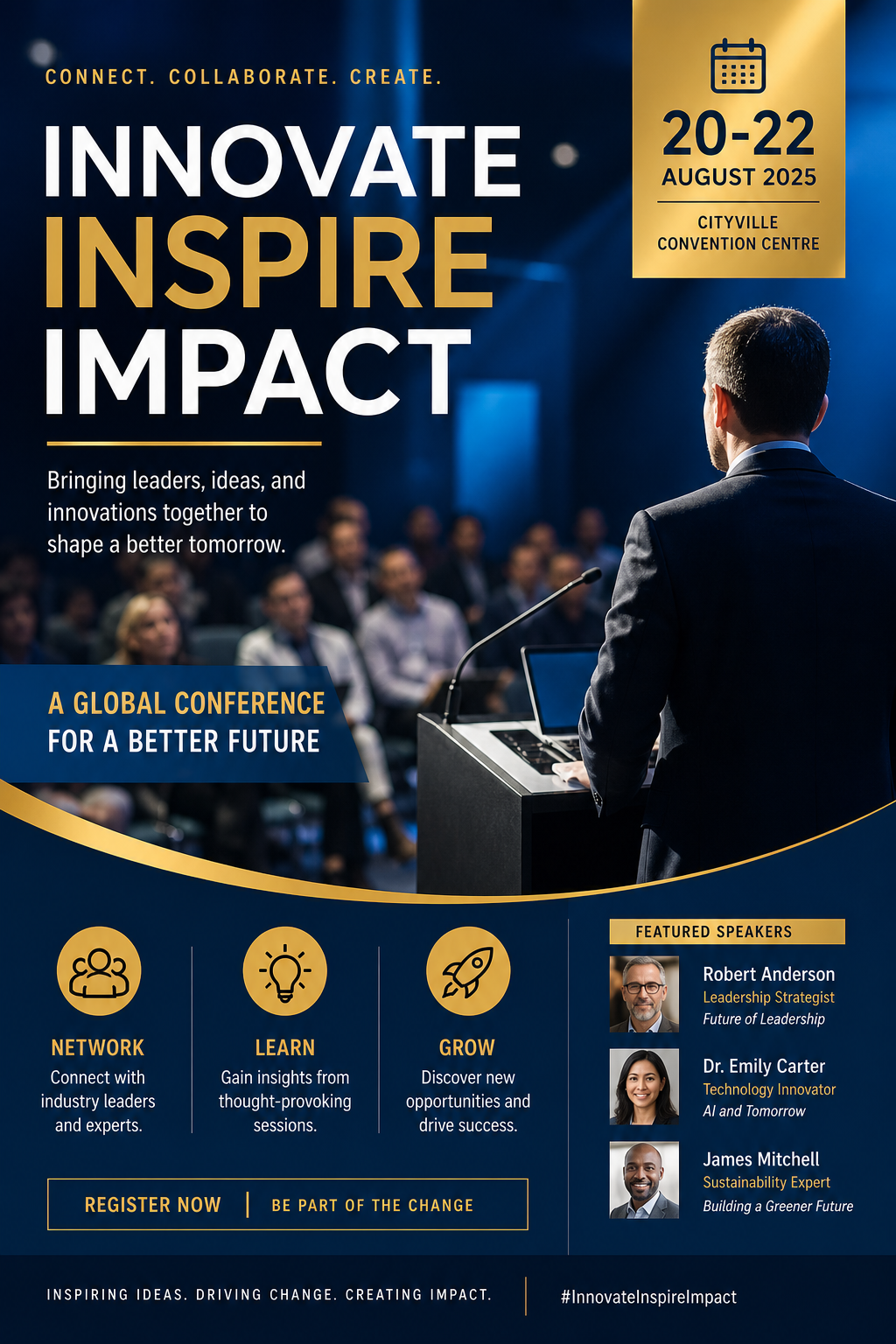 Conference Poster — photo-realistic style flyer, featuring audience silhouettes, podium, professional event imagery