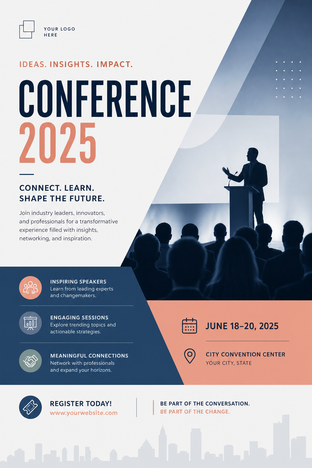Conference Poster — modern style flyer, featuring audience silhouettes, podium, professional event imagery