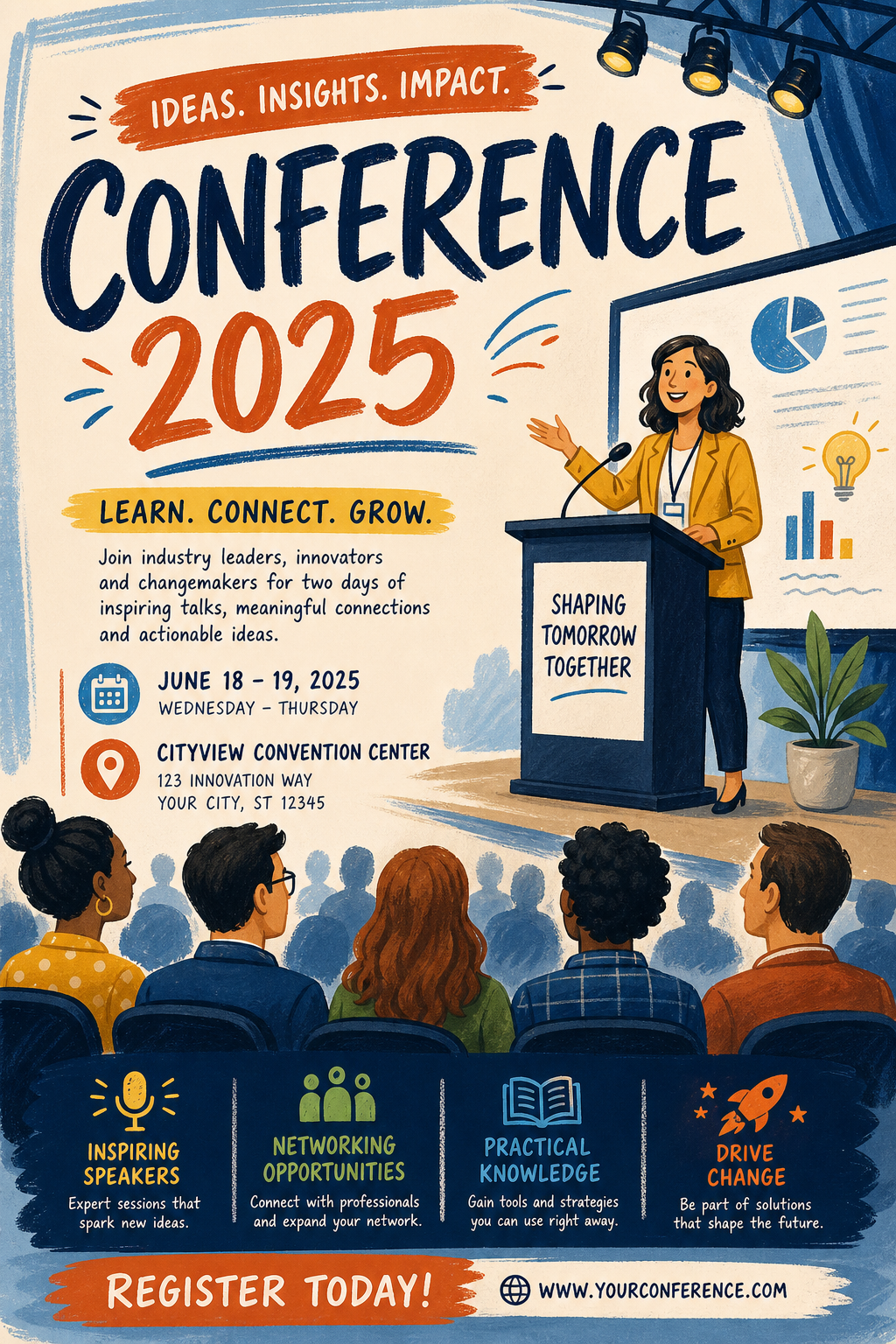 Conference Poster — illustration style flyer, featuring audience silhouettes, podium, professional event imagery