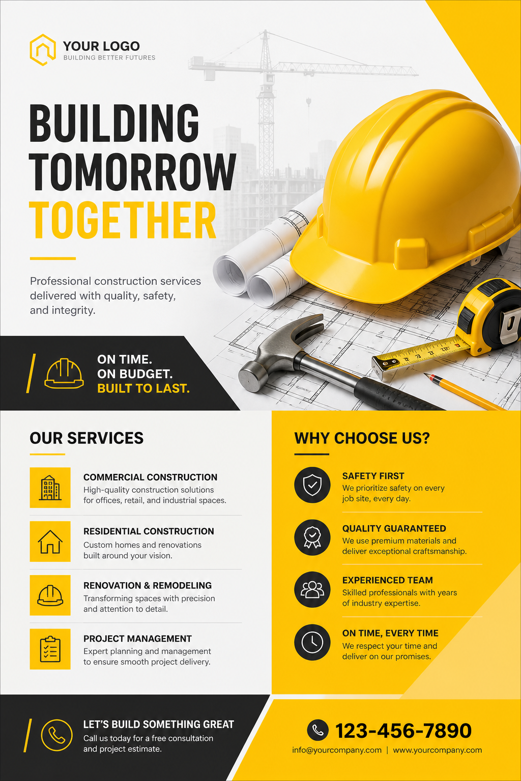 Construction Flyer — modern style flyer, featuring hard hat, blueprints, construction tools, yellow and black safety palette