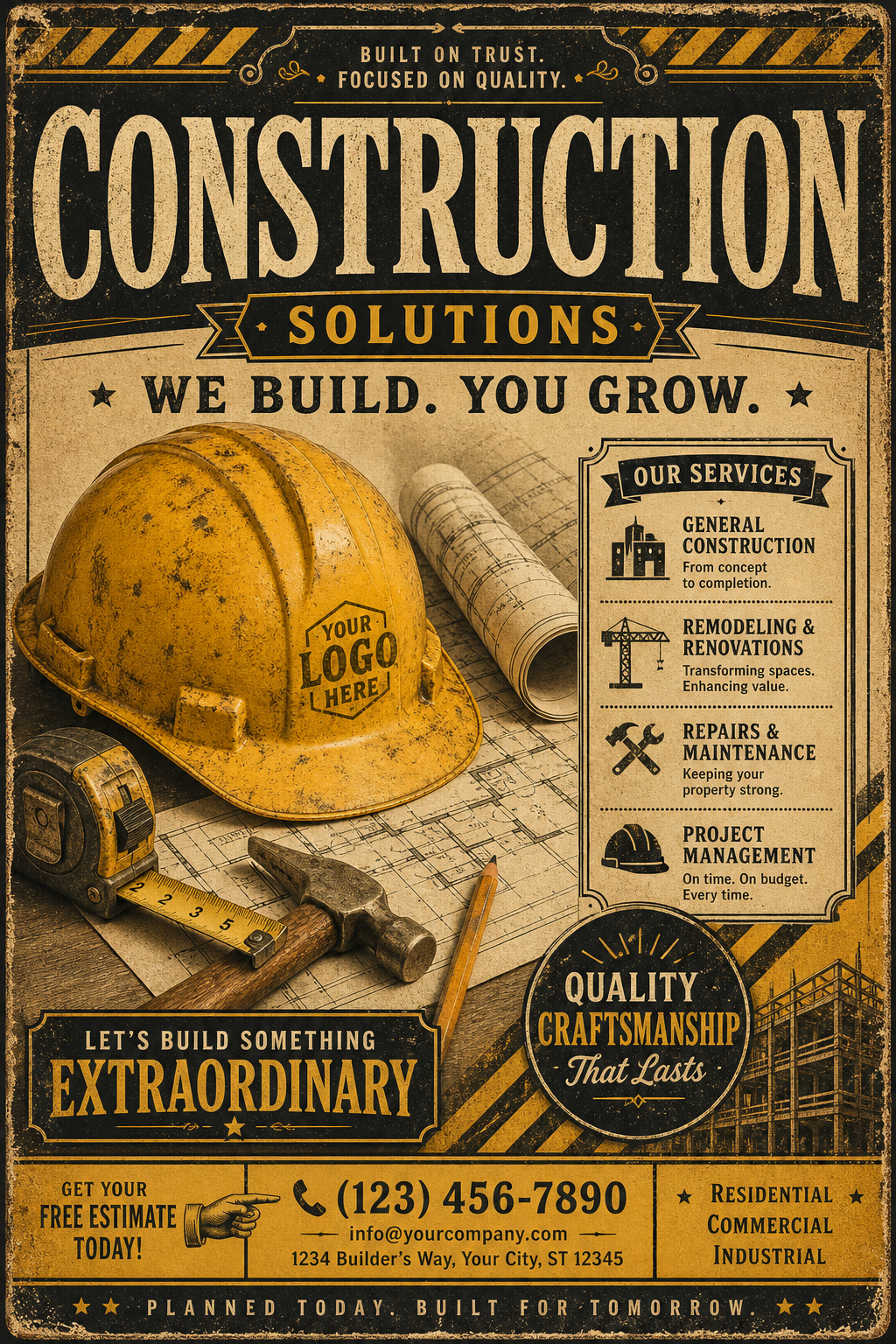 Construction Flyer — vintage style flyer, featuring hard hat, blueprints, construction tools, yellow and black safety palette