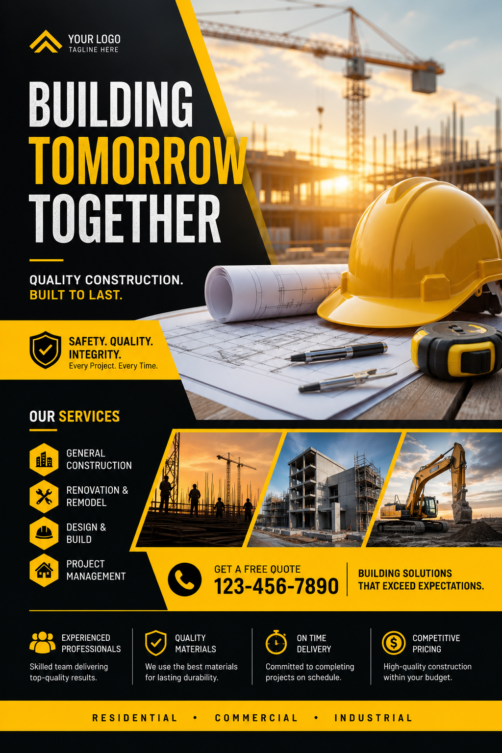 Construction Flyer — photo-realistic style flyer, featuring hard hat, blueprints, construction tools, yellow and black safety palette
