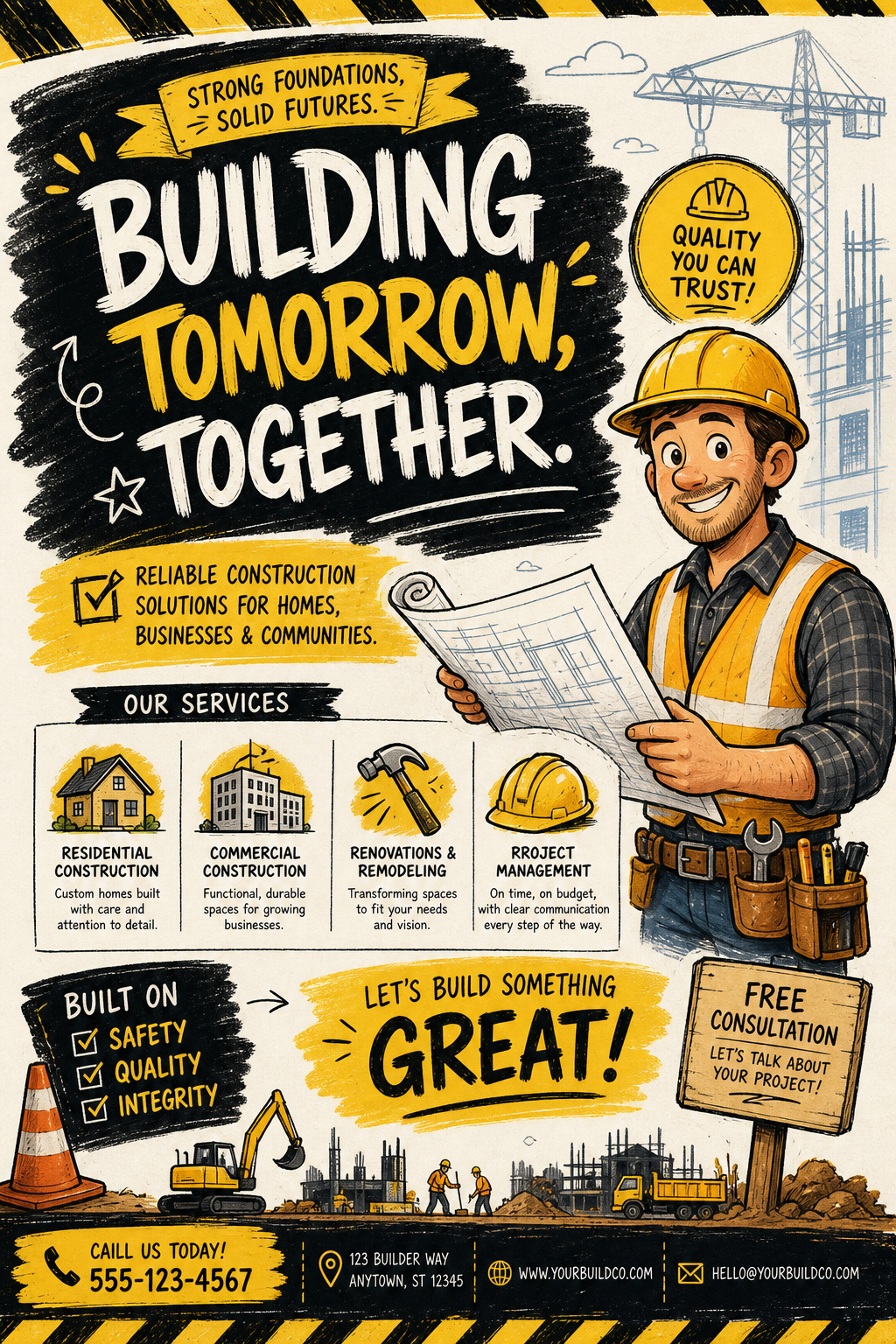 Construction Flyer — illustration style flyer, featuring hard hat, blueprints, construction tools, yellow and black safety palette