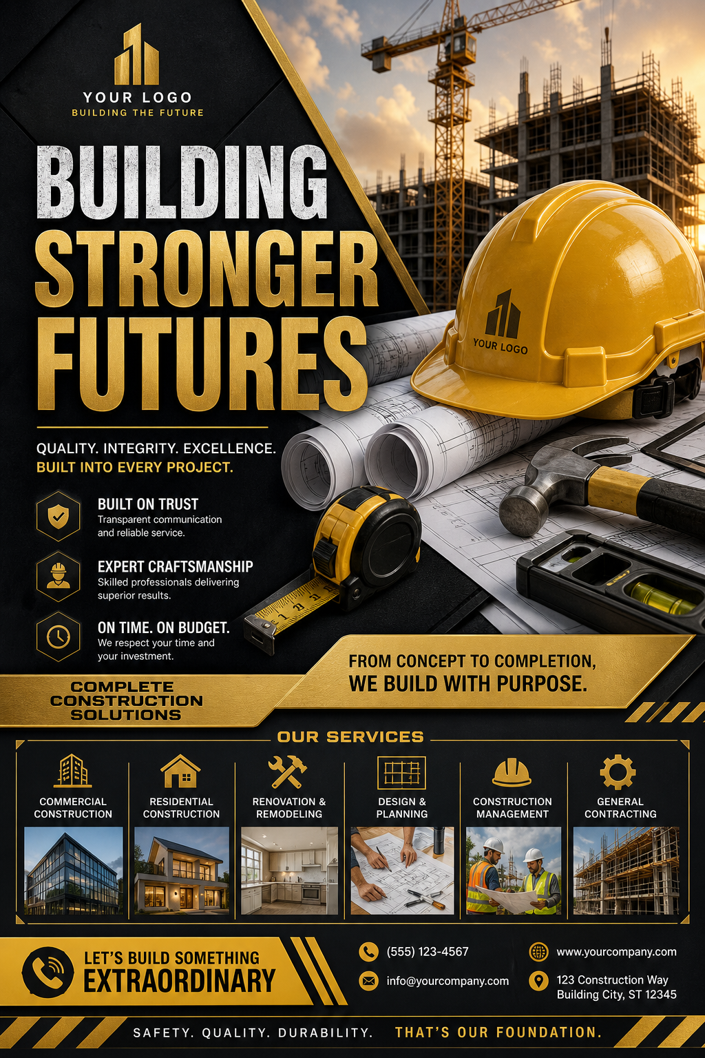 Construction Flyer — elegant style flyer, featuring hard hat, blueprints, construction tools, yellow and black safety palette