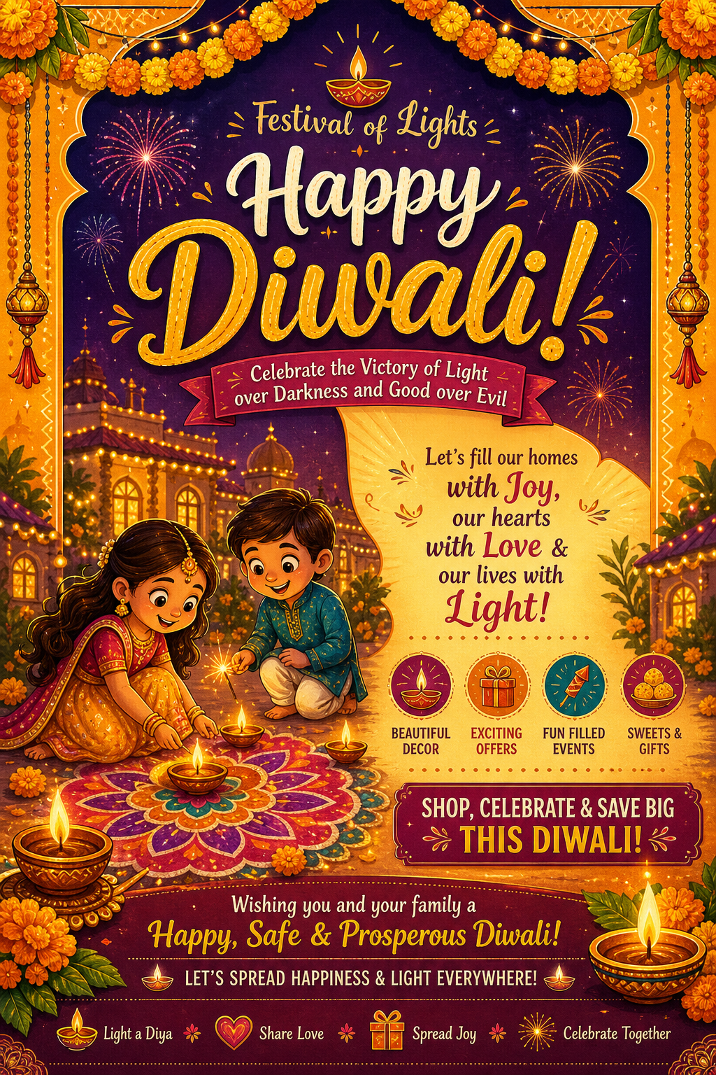Diwali Flyer — illustration style flyer, featuring glowing diya lamps, marigold flowers, rangoli patterns, golden-orange palette, fireworks