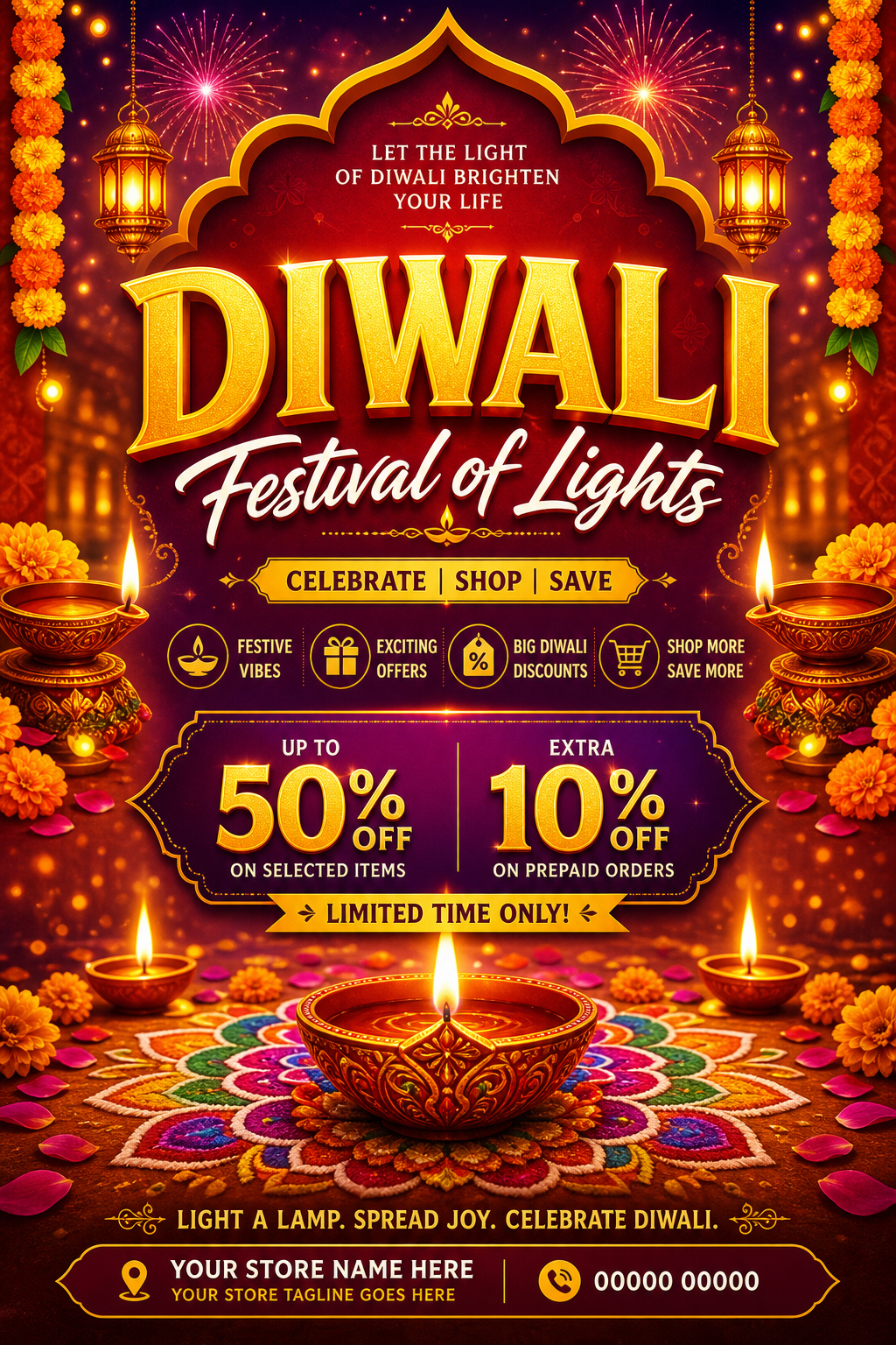 Diwali Flyer — vibrant style flyer, featuring glowing diya lamps, marigold flowers, rangoli patterns, golden-orange palette, fireworks