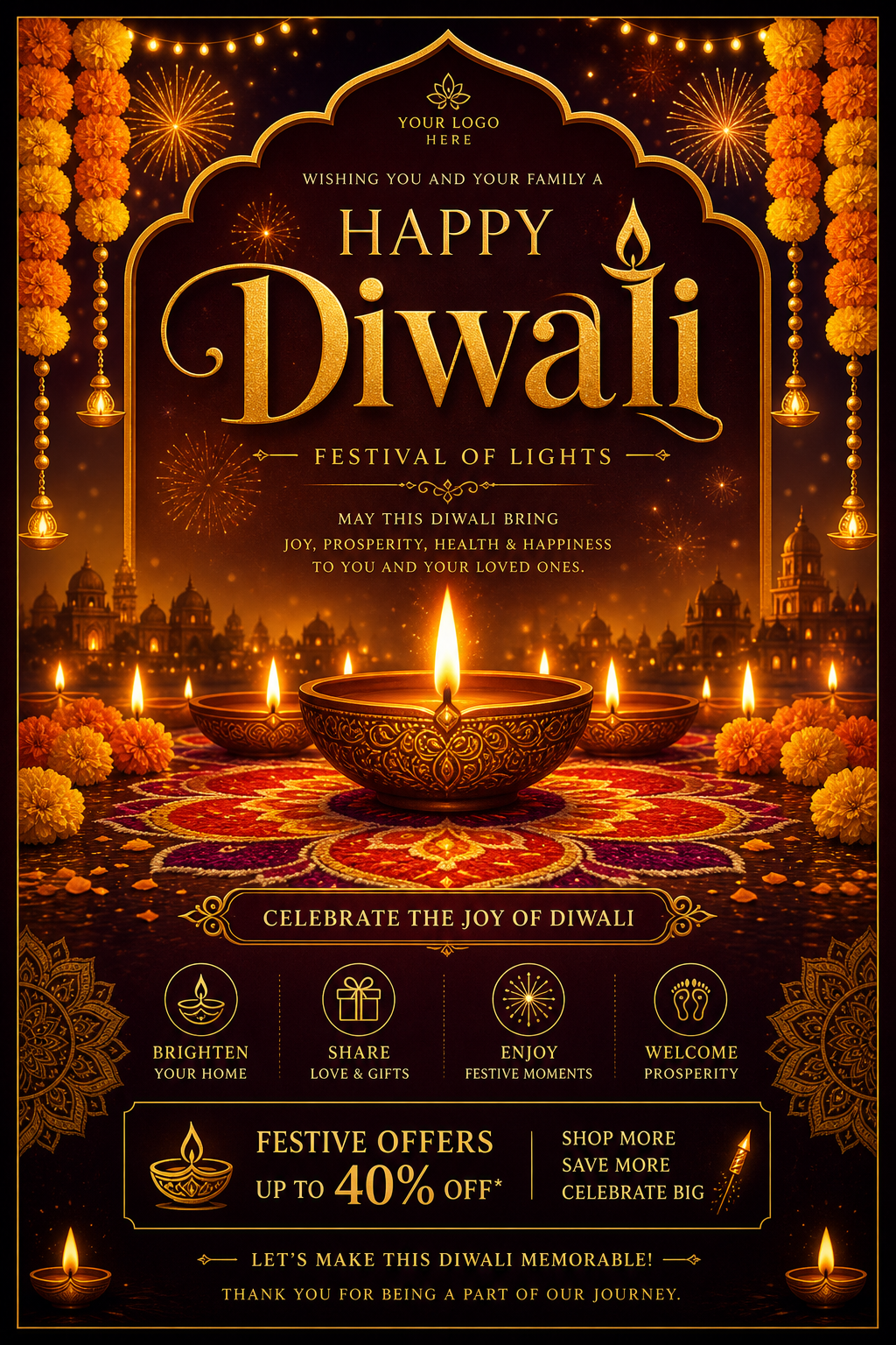 Diwali Flyer — elegant style flyer, featuring glowing diya lamps, marigold flowers, rangoli patterns, golden-orange palette, fireworks