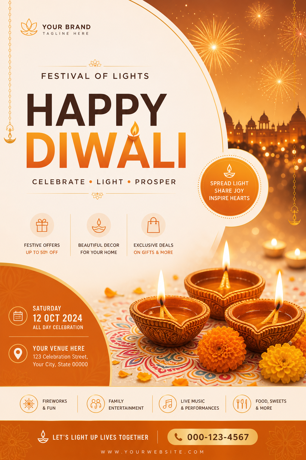 Diwali Flyer — modern style flyer, featuring glowing diya lamps, marigold flowers, rangoli patterns, golden-orange palette, fireworks