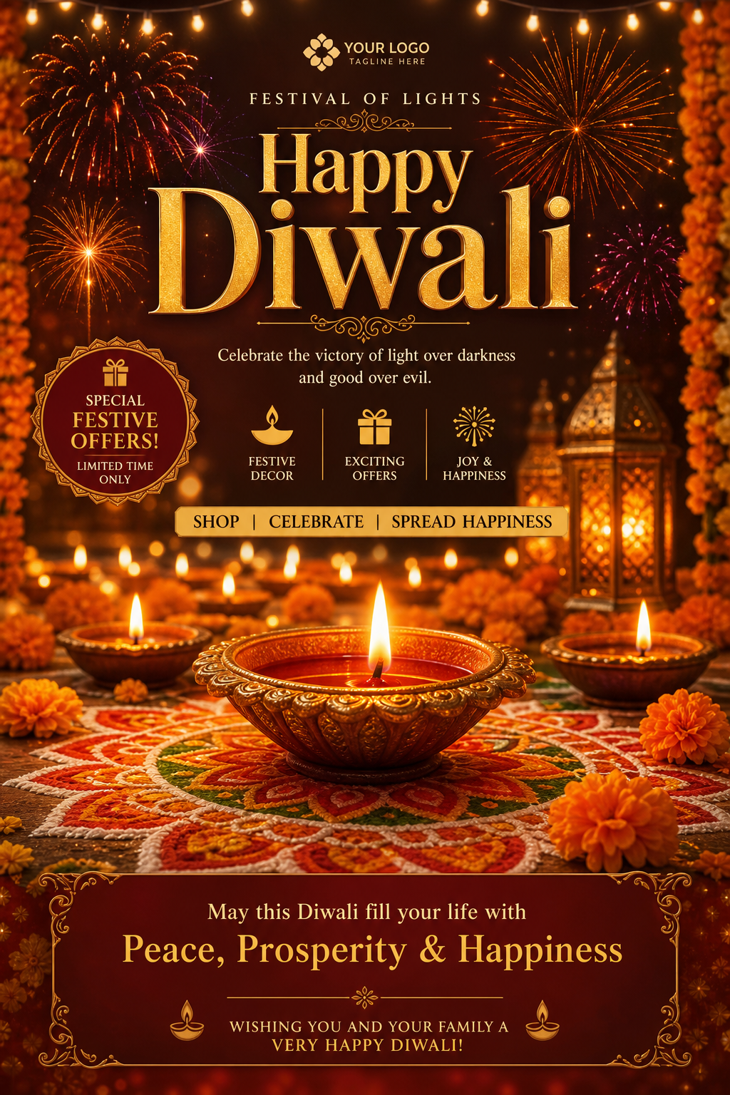 Diwali Flyer — photo-realistic style flyer, featuring glowing diya lamps, marigold flowers, rangoli patterns, golden-orange palette, fireworks