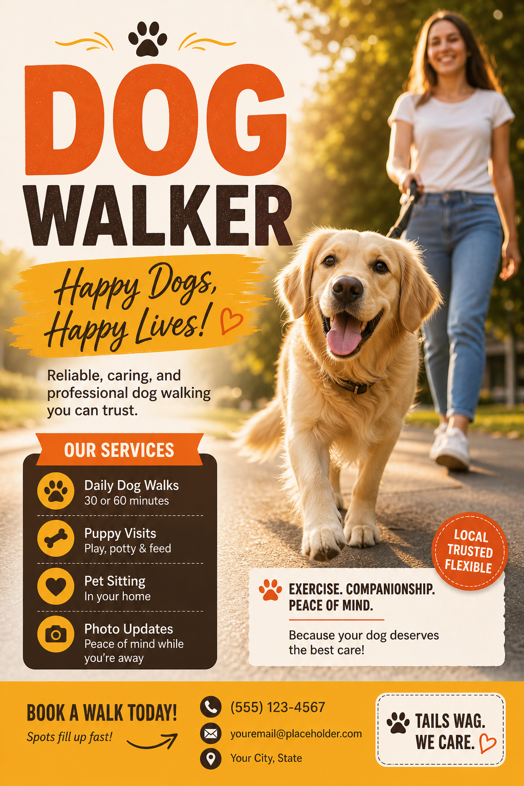 Dog Walker Flyer — photo-realistic style flyer, featuring friendly dog illustration, playful pose, warm palette