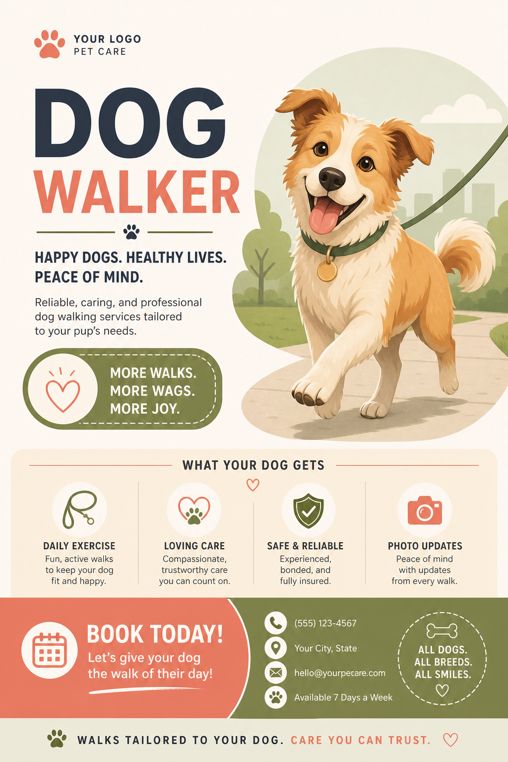 Dog Walker Flyer — modern style flyer, featuring friendly dog illustration, playful pose, warm palette