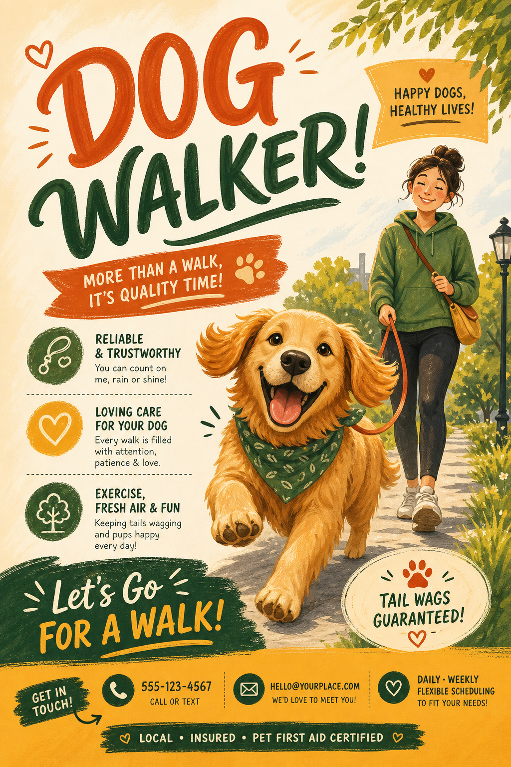 Dog Walker Flyer — illustration style flyer, featuring friendly dog illustration, playful pose, warm palette