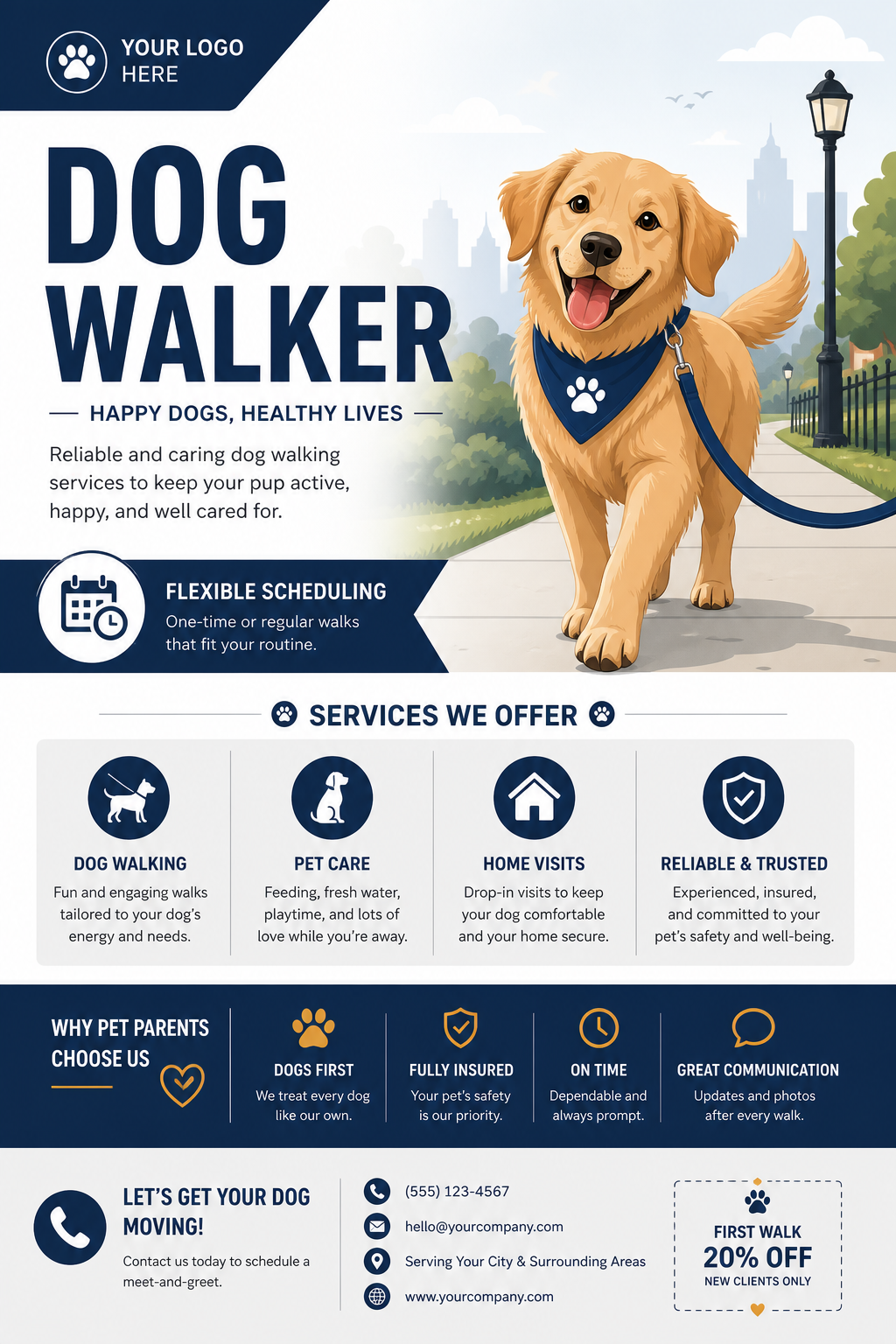 Dog Walker Flyer — corporate style flyer, featuring friendly dog illustration, playful pose, warm palette