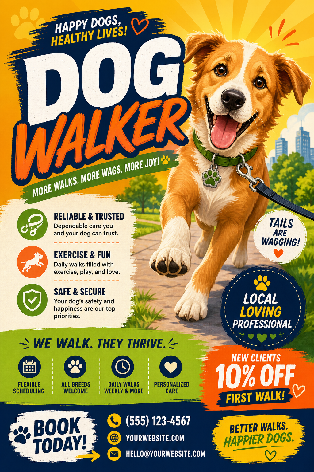Dog Walker Flyer — vibrant style flyer, featuring friendly dog illustration, playful pose, warm palette