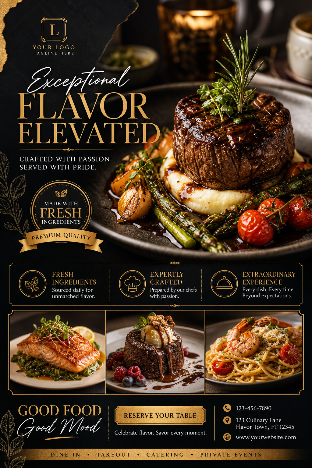 Food Flyer — elegant style flyer, featuring gourmet dish photography, fresh ingredients, warm appetizing tones