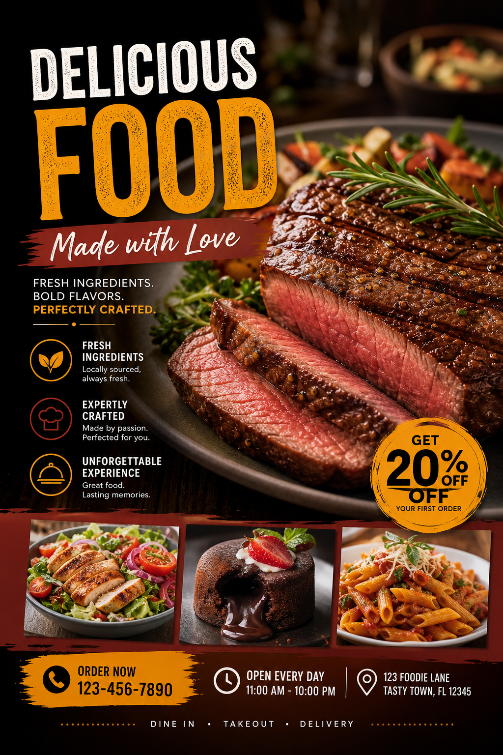 Food Flyer — photo-realistic style flyer, featuring gourmet dish photography, fresh ingredients, warm appetizing tones