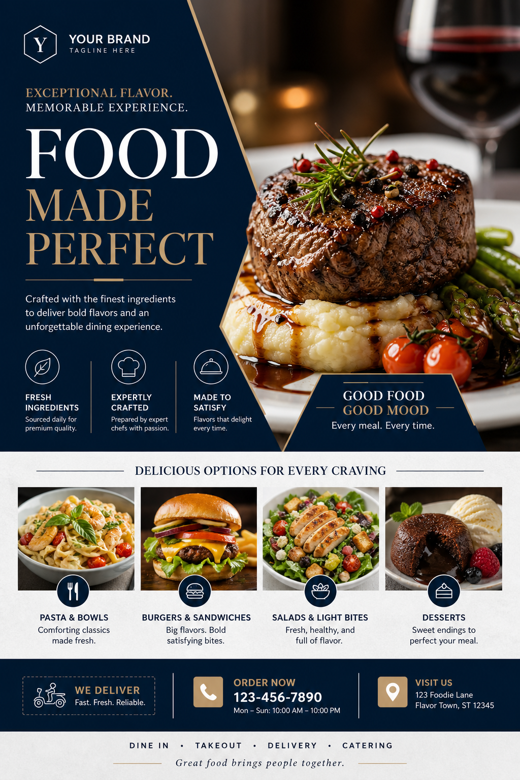 Food Flyer — corporate style flyer, featuring gourmet dish photography, fresh ingredients, warm appetizing tones