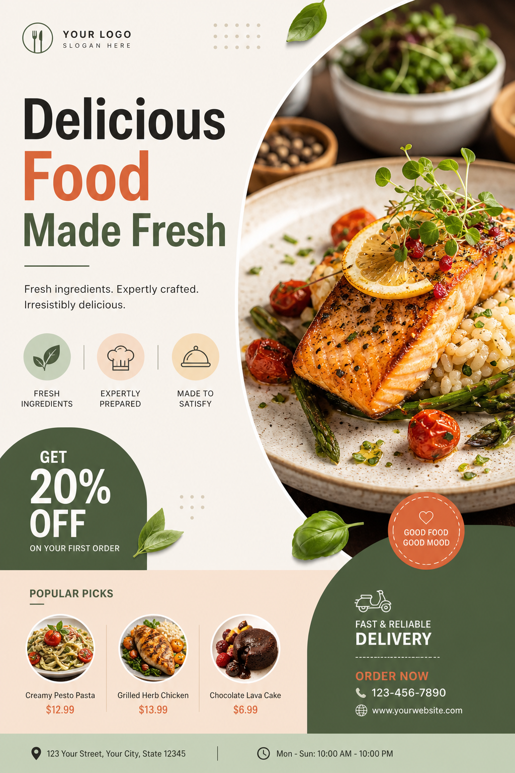 Food Flyer — modern style flyer, featuring gourmet dish photography, fresh ingredients, warm appetizing tones