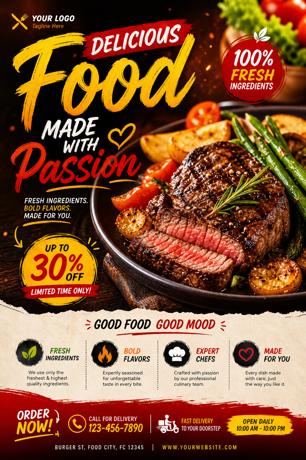 Food Flyer — vibrant style flyer, featuring gourmet dish photography, fresh ingredients, warm appetizing tones