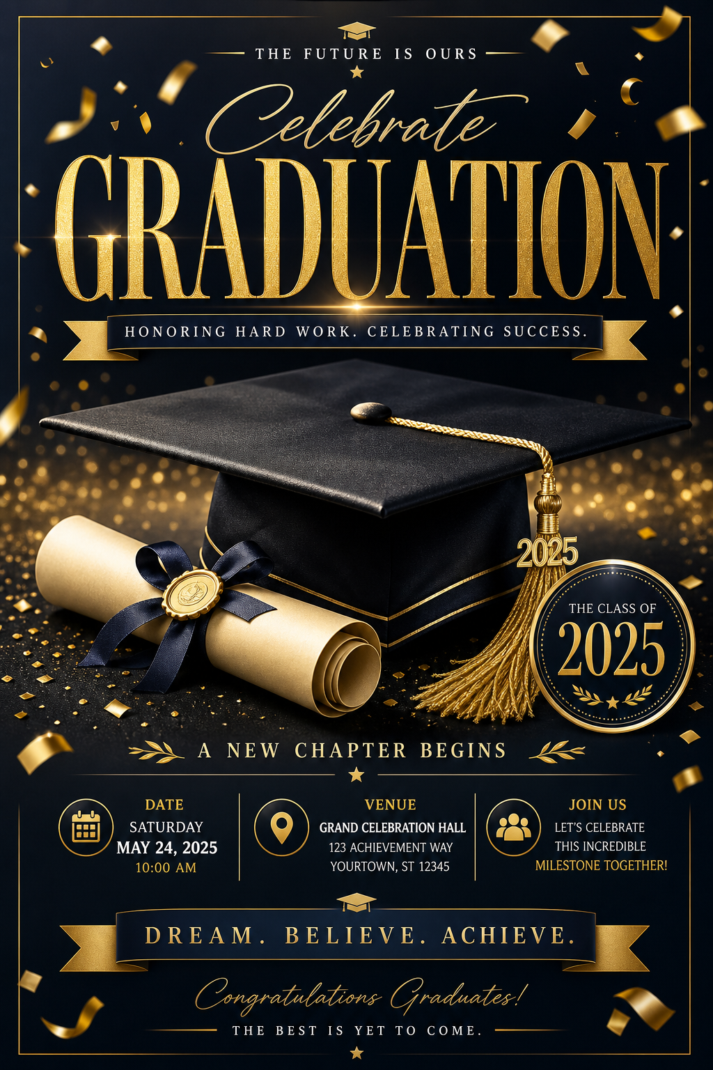 Graduation Flyer — elegant style flyer, featuring graduation cap, diploma scroll, gold tassel, academic regalia, celebratory confetti